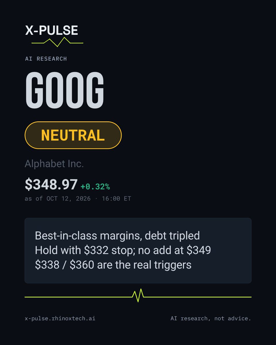 xpulse_ai's tweet photo. Today's X-PULSE report: $GOOG, Alphabet. Rated NEUTRAL. Elite margins vs tripled debt and negative FCF — $338/$360 decide the next move. AI research, not advice.
https://t.co/rCR9t008DW
#GOOG #USStocks #AIResearch #XPULSE #BigTech https://t.co/7B4Tq6O7kJ