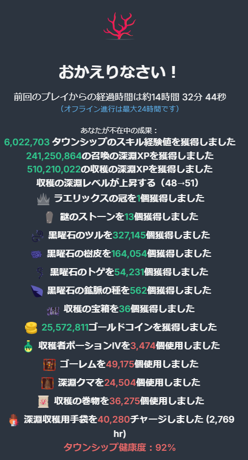 luca_game2026's tweet photo. 収穫14時間の結果(melvor idle abyss) https://t.co/ADbBizSE0A
