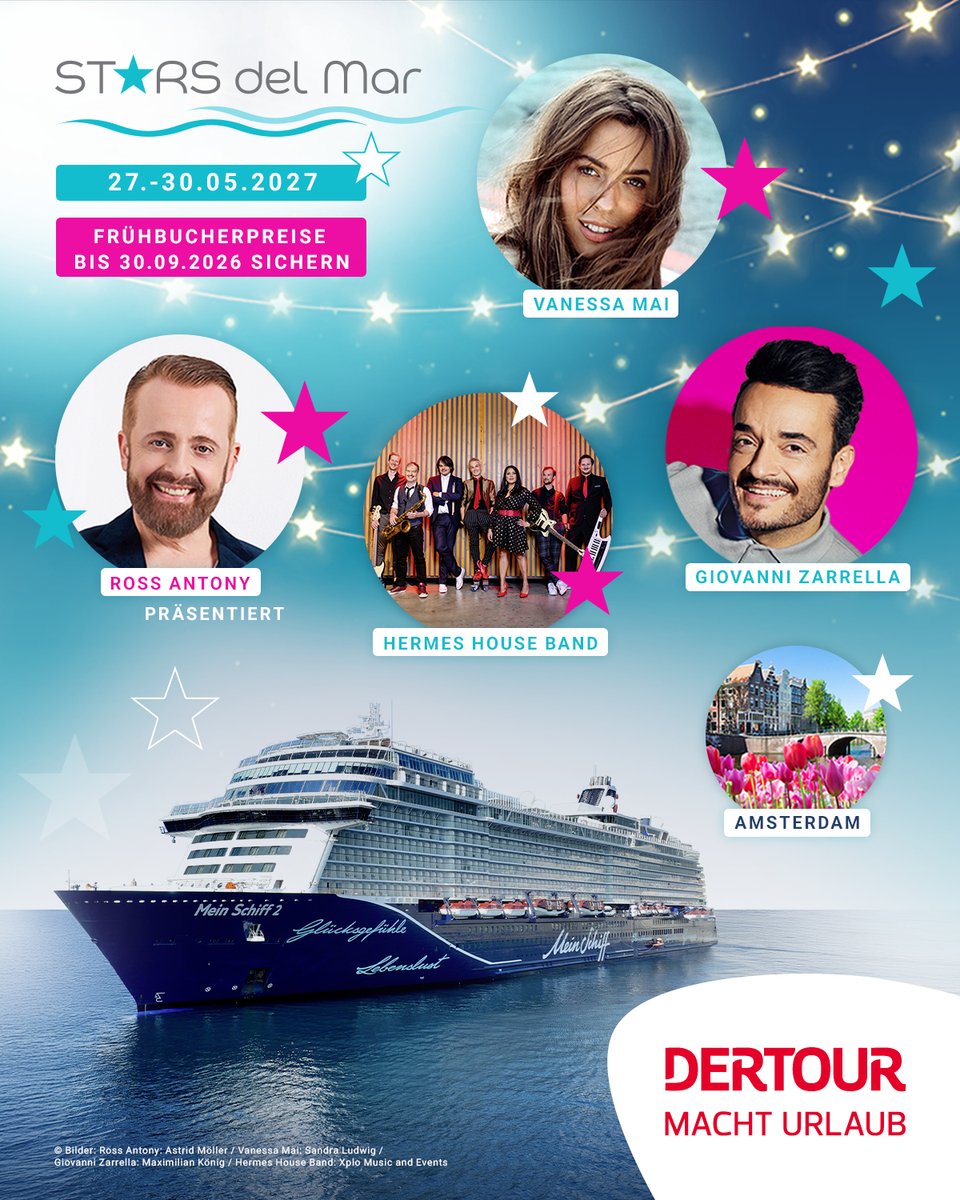 PolloAguilar's tweet photo. Anzeige: Stars del Mar 2027 auf Mein Schiff 2 mit Giovanni Zarrella, Vanessa Mai, Ross Antony und Hermes House Band. 27. –30. Mai 2027: Bremerhaven, Amsterdam, Seetag, Bremerhaven. Frühbucher ab 979 € p. P. bis 30. 09. 2026. https://t.co/LrAOrMoN5l