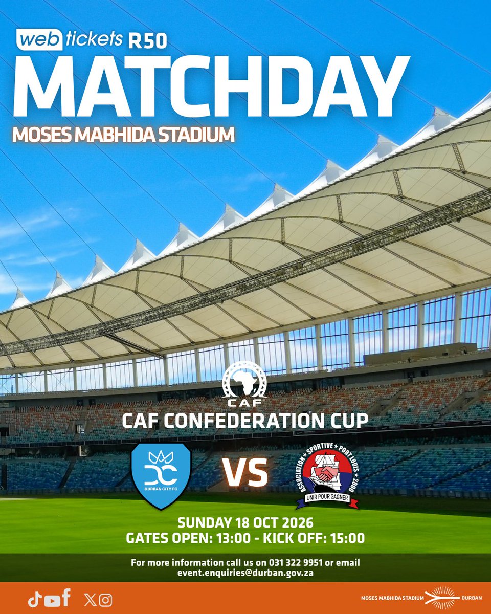 MMStadium's tweet photo. Durban City FC 🆚 ASPL 2000 FC.

Gates open at 13:00pm | Suites open - 13:00pm | Kick-off at 15:00pm
Asihlangane enkundleni!

#CAF #GameDay #MosesMabhidaStadium #DurbanCityFC #ASPL2000 #DurbanHasMore https://t.co/V4I5U8P5vb