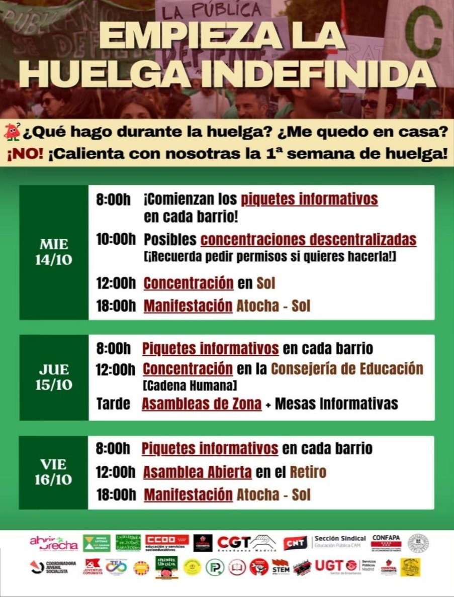 CNTAranjuez's tweet photo. ⚠️ Miércoles 14 de Octubre, comienda la huelga indefinida en el SECTOR EDUCATIVO de la Comunidad de Madrid ⚠️ https://t.co/dYLDJrneOV