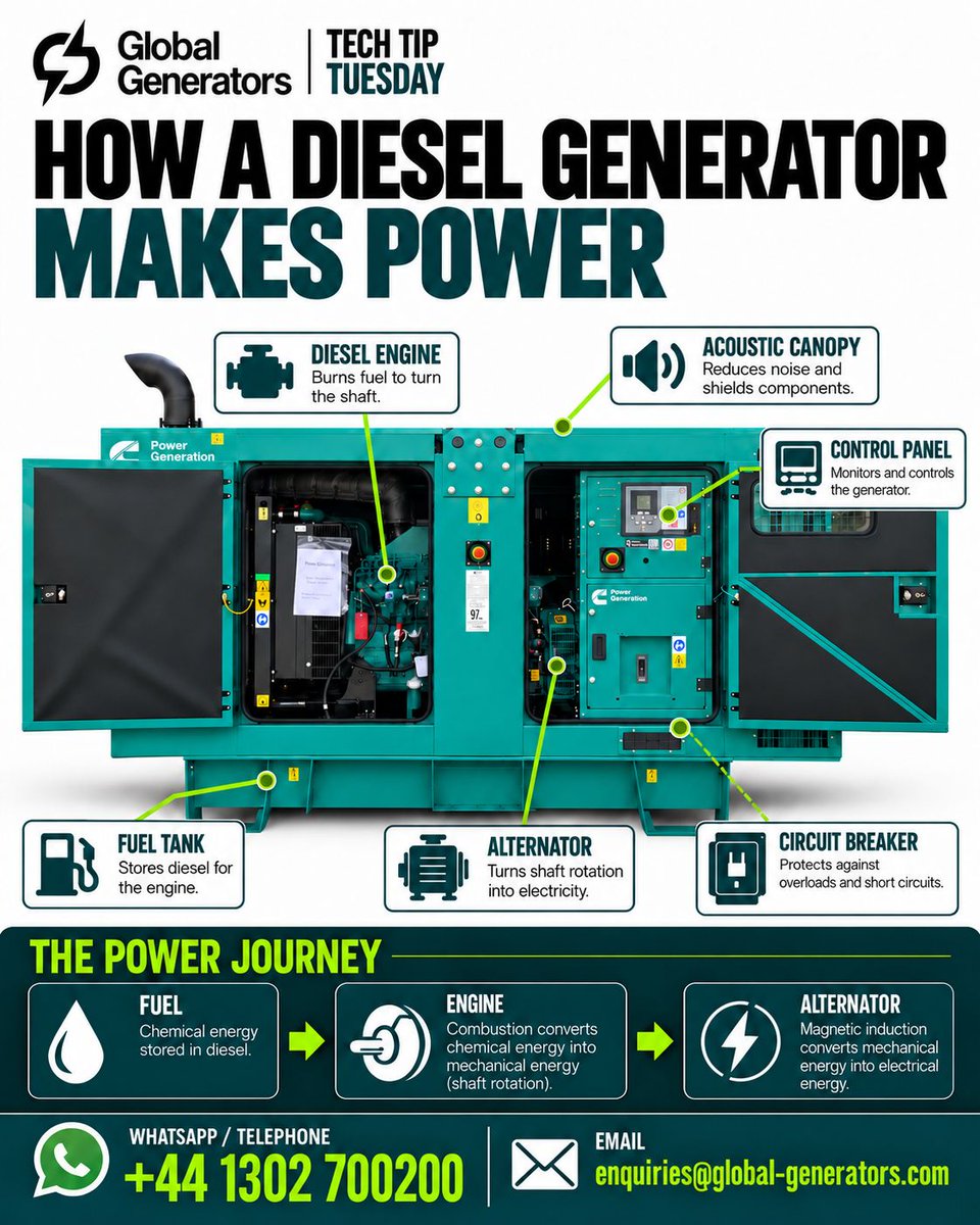 GlobalGensets's tweet photo. β‘ TECH TIP TUESDAY
How does a #DieselGenerator make #power?
The engine combusts fuel to drive the alternator, which generates electricity by magnetic induction.
π View our complete range of #DieselGenerators: https://t.co/OcF3DdSf68
#TechTip #PowerGeneration #BackupPower https://t.co/itFDSG6zPP