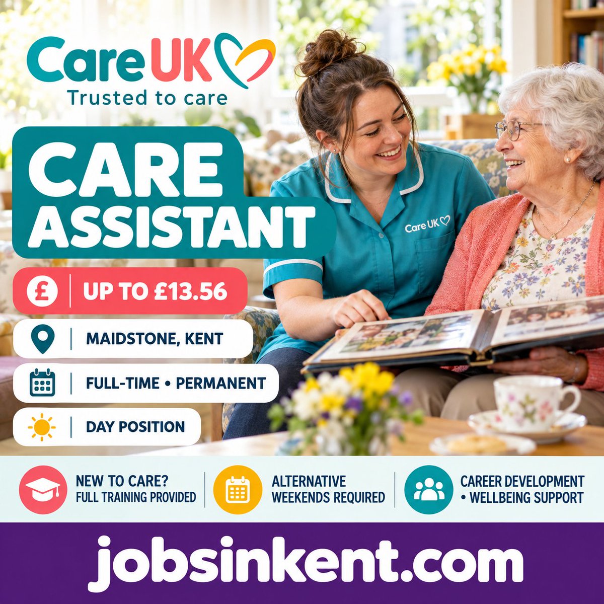 JobsInKentcom's tweet photo. Care Assistant
📍 Maidstone
💷 Up to £13.56ph
☀️ Full-time day position
📅 Alternative weekends  
No care experience? Full induction, training and career development are provided.
Apply: https://t.co/EKA2nCfybc
#KentJobs #CareJobs https://t.co/UOuYnLPnBO