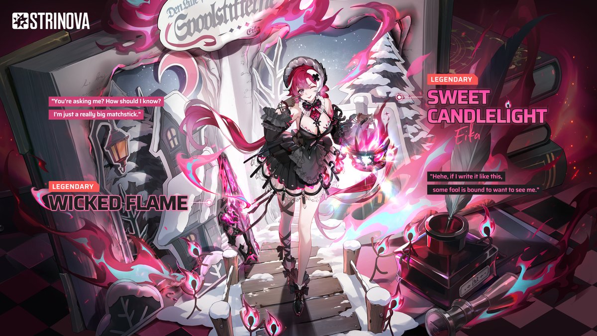Strinova_EN's tweet photo. Eika Legendary Outfit & Weapon Skin | Preview 🕯️🔥

A brand-new Legendary look for Eika is on the way!

[Eika - Sweet Candlelight] and the weapon skin [Wicked Flame] will be available after the October 22 update. ✨

A girl steps from the flickering candlelight, her adorable smile and graceful movements giving shape to the first glimmer of a wish. Make a wish upon the flame—and upon her. If you truly seek her help, this little witch may have a surprise in store for you. 🧙‍♀️

“Guess who’s the hero of this fairy tale?”
#Strinova