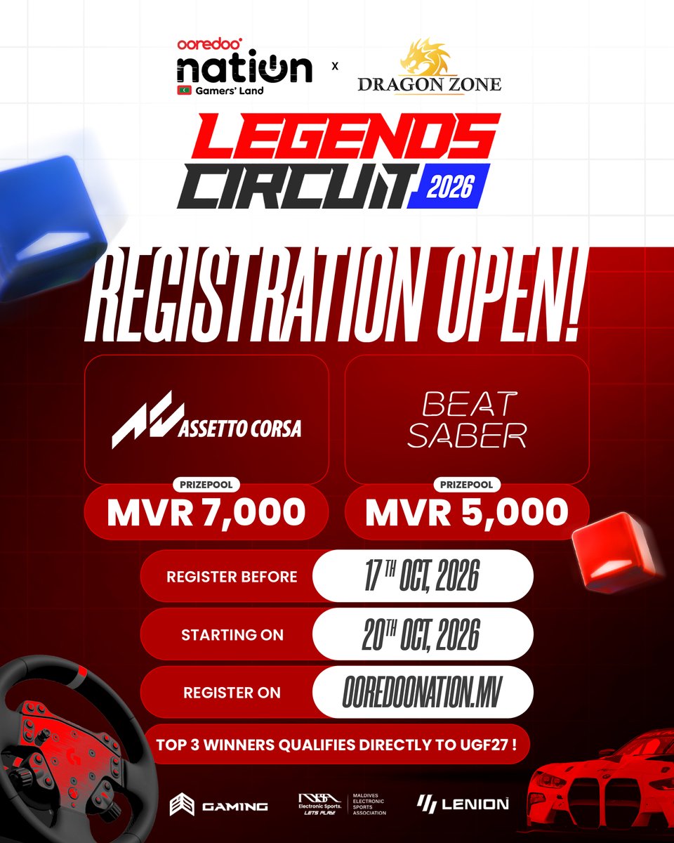 OoredooNationMv's tweet photo. YOUR SHOT AT UGF 2027 STARTS HERE. 🏆

Legends Circuit 2026 brings Assetto Corsa and Beat Saber together for MVR 12,000 in total prizes.

📅 Registration closes 17 Oct
🔗 https://t.co/W0AtxvlWze

#OoredooNation #LegendsCircuit2026 #AssettoCorsa #BeatSaber #UGF2027 https://t.co/qvSr2RkRGh