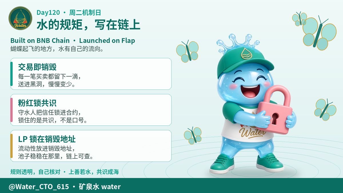 Water_CTO_615's tweet photo. Day120 · 周二机制日 🌊

Built on BNB Chain · Launched on Flap，蝴蝶起飞的地方，水有自己的流向 🦋

交易即销毁：每一笔买卖都留下一滴，送进黑洞，慢慢变少。
粉红锁共识：守水人把信任锁进合约，锁住的是共识，不是口号。
LP 锁在销毁地址：流动性放进销毁地址，链上可查。

规则透明，自己核对。上善若水，共识成海 💧

#矿泉水 water