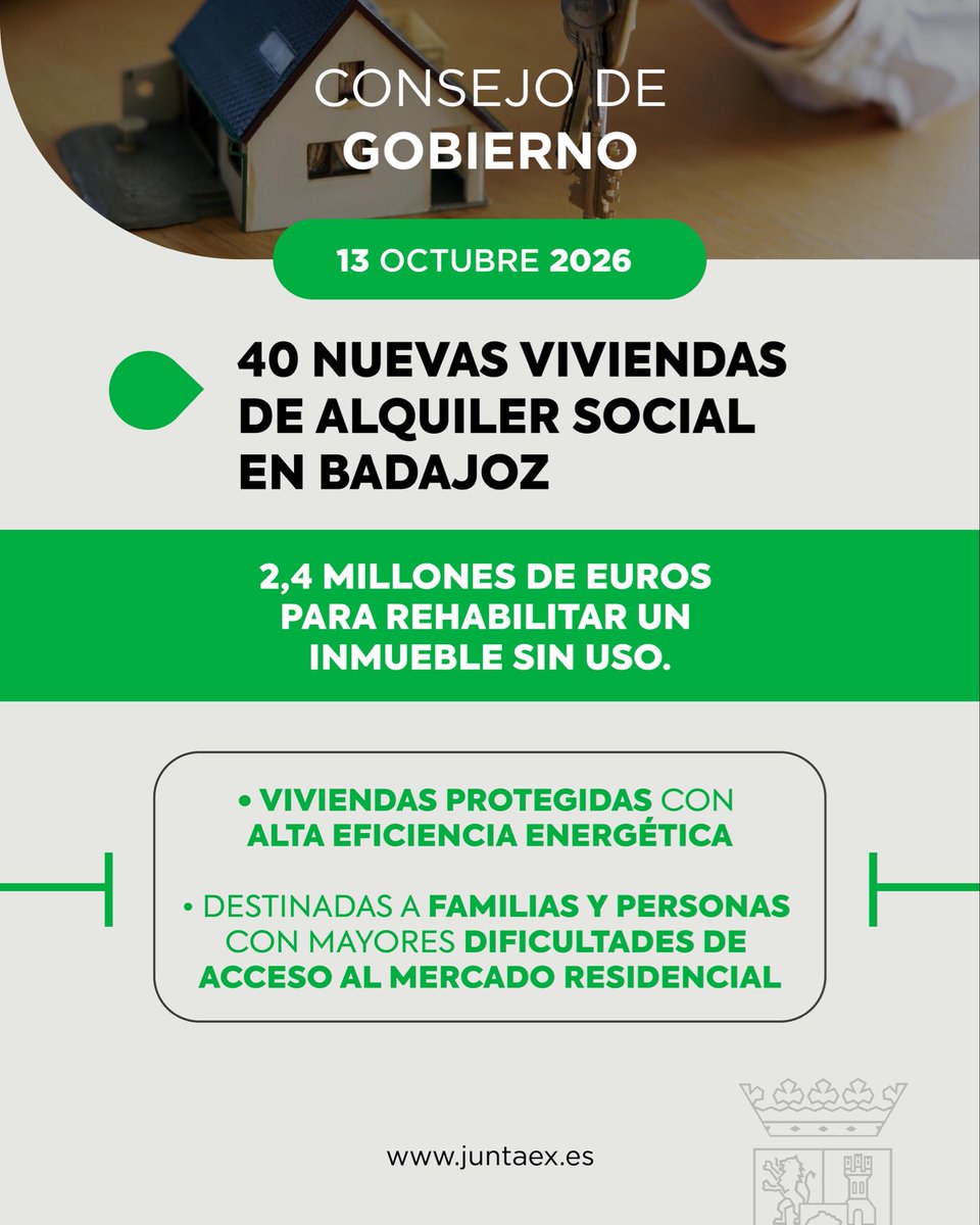 Junta_Ex's tweet photo. 🏘️ El #ConsejoGobiernoEXT autoriza la contratación de las obras para habilitar 40 viviendas de alquiler social en Badajoz. 

🏗️ 2,4M€ para rehabilitar un inmueble sin uso y destinarlo a personas con dificultades de acceso a una vivienda. https://t.co/BuGYR8hXxX