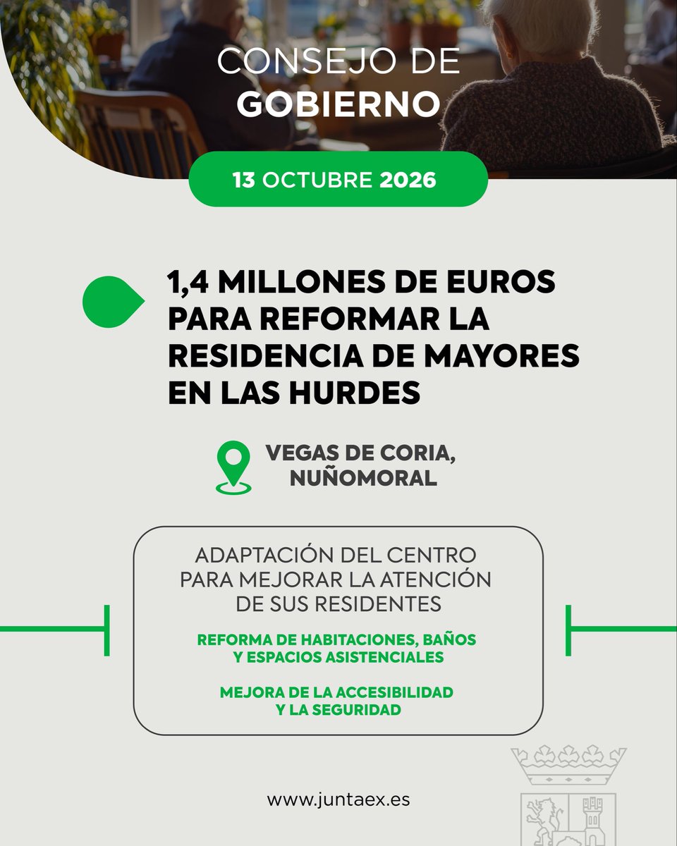 Junta_Ex's tweet photo. 🏡 El #ConsejoGobiernoEXT autoriza la reforma del Centro Residencial de Mayores Las Hurdes, en Vegas de Coria.

➡️ Las obras adaptarán las instalaciones para atender a los residentes que pasen a una situación de dependencia. https://t.co/Ga3Jewtf76