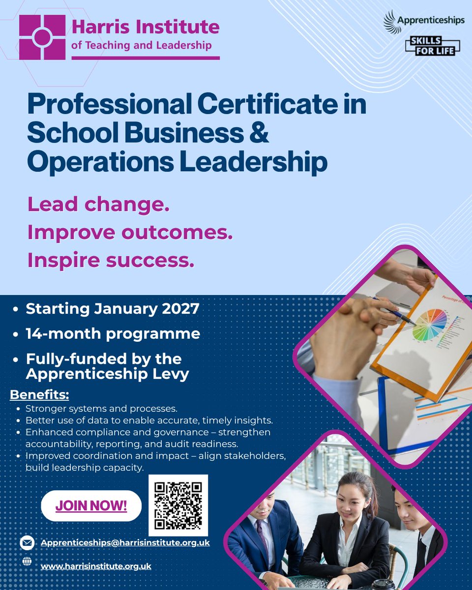 Harrisinst's tweet photo. 🚀 Ready to strengthen your impact in school business and operations leadership?  
    
Scan the QR code and apply today!      

For more information: https://t.co/Zxuz7iM0kW 

#HarrisInstitute #Education #Schools #Apprenticeships #ProfessionalDevelopment #HarrisFederation https://t.co/n5AdSYIfDJ