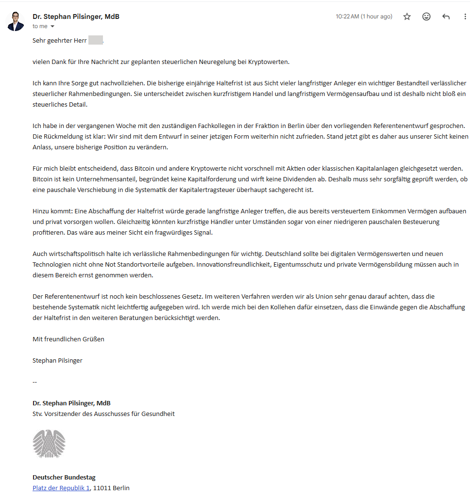 WolfgangHoessl's tweet photo. Antwort von Dr. Stephan Pilsinger (CSU) zu seiner Position zur Bitcoin-Haltefrist (Antwort erhalten am 13.10.2026) @f_schaeffler https://t.co/gzA3T5sQ57