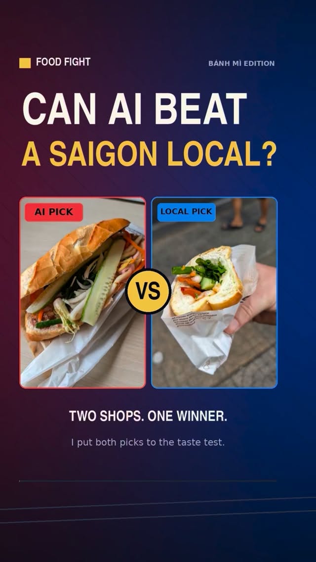 chapisrivero's tweet photo. AI picked District 4’s best bánh mì. A Saigon guide picked their favourite. Who won? AI chose Bánh Mì Minh Châu: 8. 5/10 
Local guide chose Bánh Mì 24/7: 9. 25/10

Both were excellent, but local knowledge won. Would you trust AI or a local guide https://t.co/OZjI2EtCfd