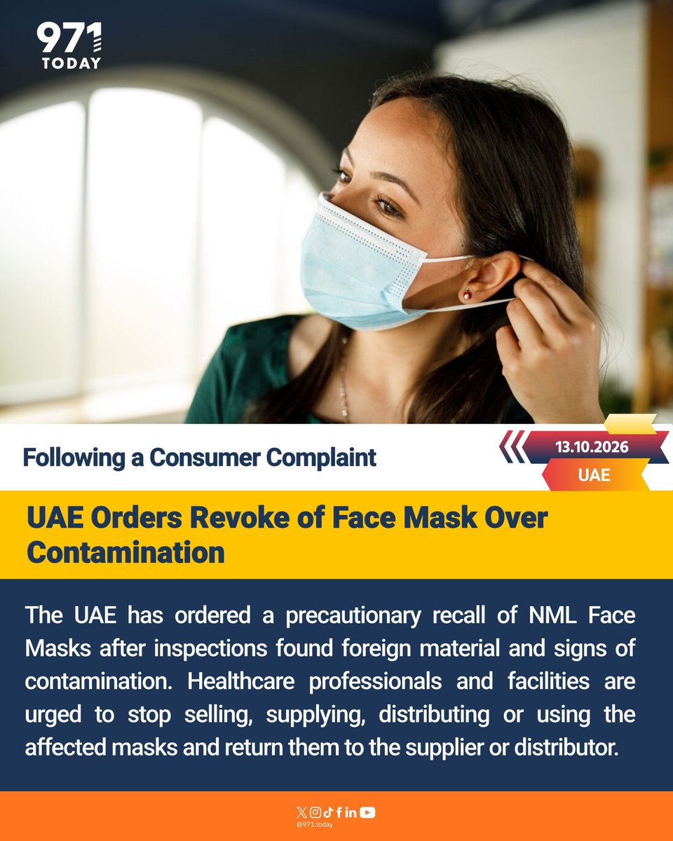971TODAYen's tweet photo. The recall applies to batch number 20251015 of the three-layer NIN 160 FMP – NML Face Mask CG Blue.
The revoke was triggered by a consumer complaint about the mask's quality. 
#971TODAY #uaeupdates #uaenews https://t.co/u2l4xM2i2U
