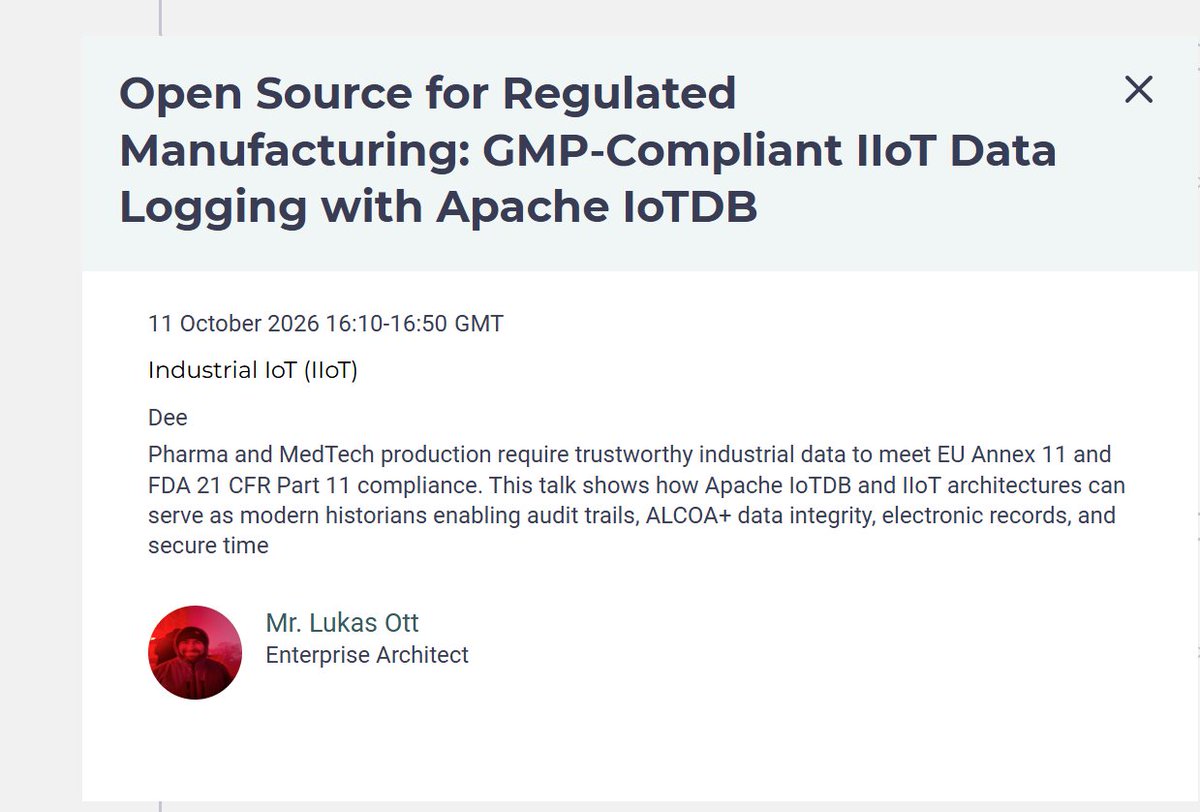 ApacheIotdb's tweet photo. How can IIoT data logging support regulated manufacturing?

At #CommunityOverCode Glasgow 2026🇬🇧, Mr. Lukas Ott  explored #ApacheIoTDB and #IIoT architectures as modern industrial historians for audit trails, ALCOA+ data integrity, and electronic records in pharma and MedTech. https://t.co/qV0E3cUD2h