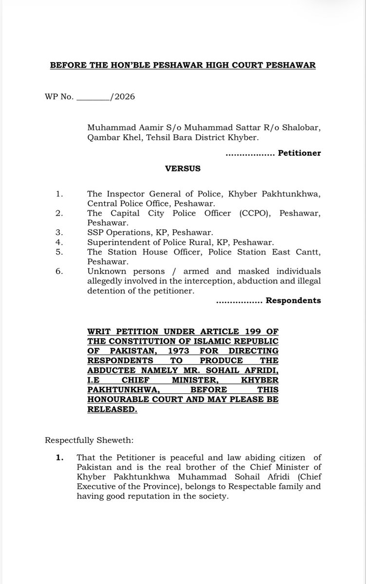 ShazadAkbar's tweet photo. 🚨🚨 Another new low for Pakistan! The brother of a sitting Chief Minister has filed a habeas corpus petition over the CM’s disappearance. More than three days have passed, and he has yet to be produced before a court.
Under the Field Marshal and his cronies, Pakistan has officially become a nation of “missing persons.”