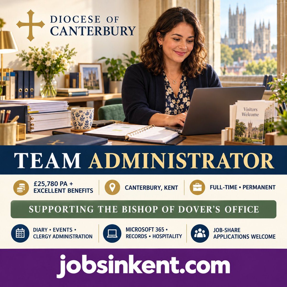 JobsInKentcom's tweet photo. Team Administrator
📍 Canterbury
💷 £25,780 + excellent benefits
📄 Full-time, permanent
🤝 Job-share applications welcomed  
Support the Bishop of Dover’s Office with diaries, clergy administration, events and hospitality.
Apply: https://t.co/qNG5Hpyto8
#KentJobs https://t.co/qGTD7mcV3A