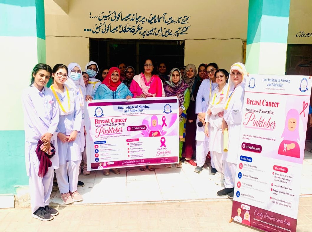 Dow_Uni's tweet photo. Under the direction of the Honourable Vice Chancellor, Prof. Dr. Nazli Hossain, the Dow Institute of Nursing and Midwifery (DION&amp;M) organized a Breast Cancer Awareness and Screening Camp on 12 October 2026 at two government schools in Ghazi Goth and Marroara Goth, Karachi. https://t.co/liYoIxpmEC
