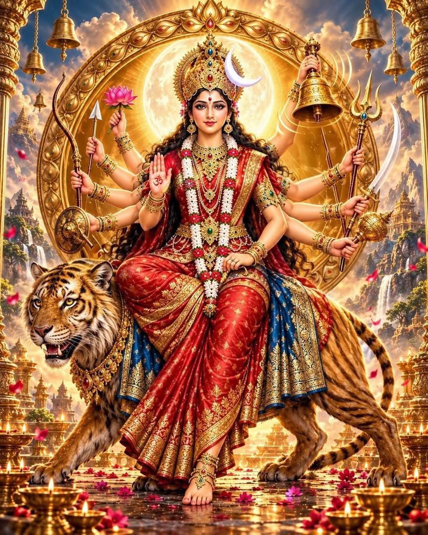 vishwananda's tweet photo. Jai Ma Chandraghanta. 
After her intense penance, Devi Parvati’s third form emerged wielding a bell in her hand. She had earned the blessing of constant awareness of Bhagavan’s lotus feet. The endless ringing of the bell was a continuous reminder to stay focused. To stay awake. She let go of sleep entirely. The body and mind were trained so thoroughly in Sadhana and Bhagavat Seva that His grace itself carried her body and mind. She received rejuvenation and performed her Dharma through the power of that grace, completely freeing herself of any tiredness or need to disengage from her set goal. Ready for battle with internal and external asuras, ready for deep Samadhi and vulnerability towards Bhagavan, ready for continuous Seva, within the blink of an eye She could switch from one to the other. Requiring no rest or time off. There was no concept of ego left within because every moment of her life was offered to Bhagavan. The moon on Her head was a reminder of the mind constantly oscillating between desires and aversions, peace and agitation. Devi Chandraghanta wears the moon as a crown because she has mastered the mind. She surrendered all thoughts at her SatGuru’s, Bhagavan’s, lotus feet. And He bestowed upon her the steady, equanimity of the mind. The names of Devi are very powerful reminders of how one should learn and progress on the spiritual path. May Devi Chandraghanta bless everyone with a steady and awake mind, ready to do what the Divine wills for oneself and the world in the blink of an eye. | Om Aim Hreem Kleem Chandraghantayai Namah ||