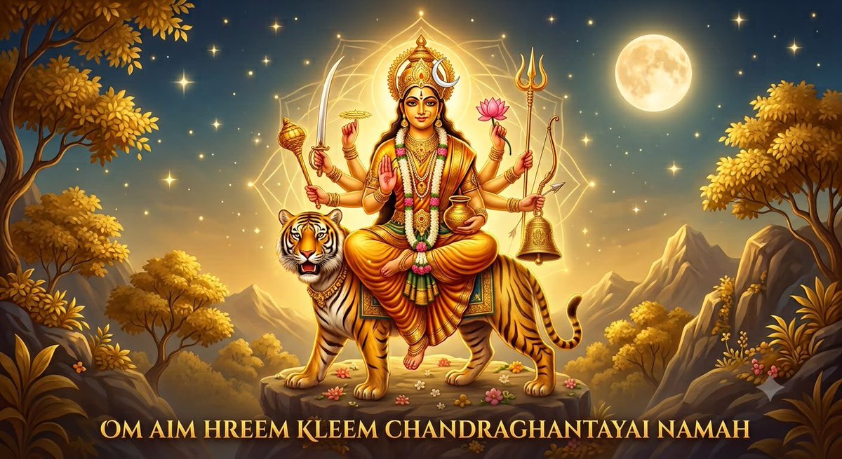 vishwananda's tweet photo. Jai Ma Chandraghanta. 
After her intense penance, Devi Parvati’s third form emerged wielding a bell in her hand. She had earned the blessing of constant awareness of Bhagavan’s lotus feet. The endless ringing of the bell was a continuous reminder to stay focused. To stay awake. She let go of sleep entirely. The body and mind were trained so thoroughly in Sadhana and Bhagavat Seva that His grace itself carried her body and mind. She received rejuvenation and performed her Dharma through the power of that grace, completely freeing herself of any tiredness or need to disengage from her set goal. Ready for battle with internal and external asuras, ready for deep Samadhi and vulnerability towards Bhagavan, ready for continuous Seva, within the blink of an eye She could switch from one to the other. Requiring no rest or time off. There was no concept of ego left within because every moment of her life was offered to Bhagavan. The moon on Her head was a reminder of the mind constantly oscillating between desires and aversions, peace and agitation. Devi Chandraghanta wears the moon as a crown because she has mastered the mind. She surrendered all thoughts at her SatGuru’s, Bhagavan’s, lotus feet. And He bestowed upon her the steady, equanimity of the mind. The names of Devi are very powerful reminders of how one should learn and progress on the spiritual path. May Devi Chandraghanta bless everyone with a steady and awake mind, ready to do what the Divine wills for oneself and the world in the blink of an eye. | Om Aim Hreem Kleem Chandraghantayai Namah ||