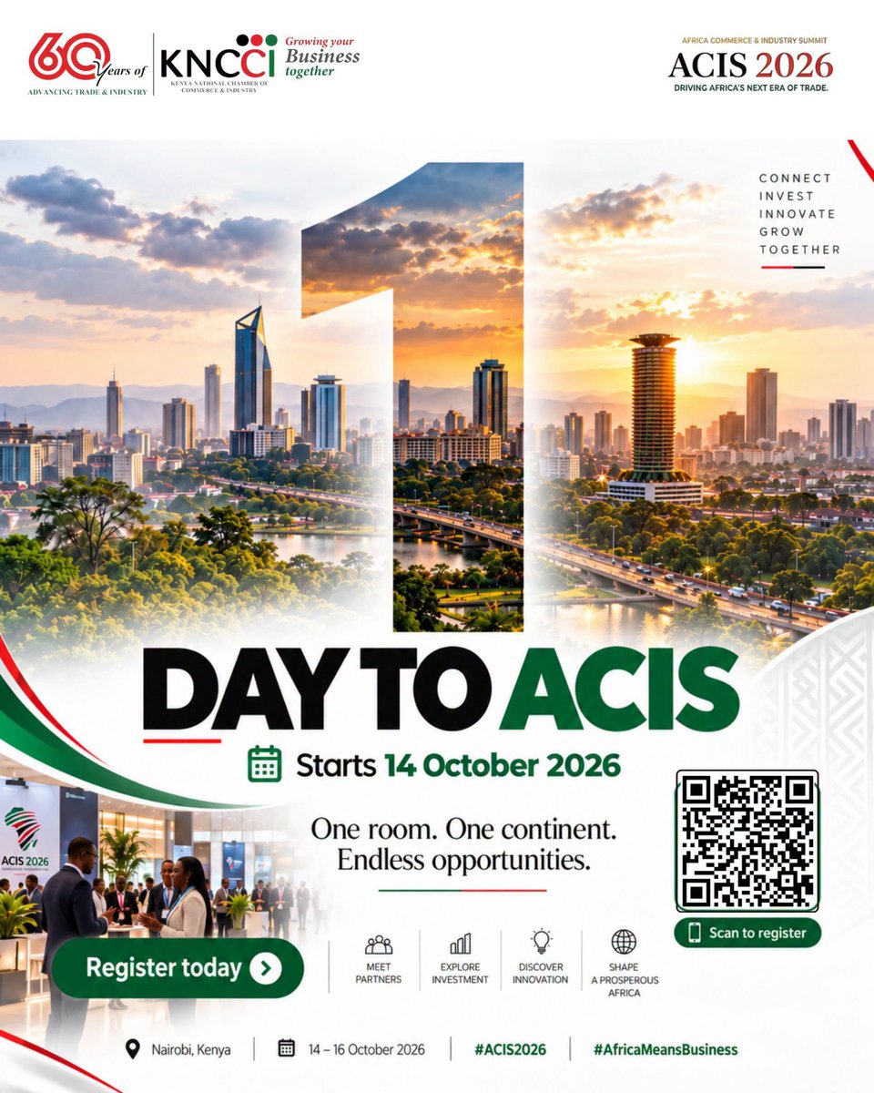Milele_FM's tweet photo. 1 DAY TO ACIS 2026! π
π
14β16 October 2026
π Uhuru Gardens, Nairobi
Register at https://t.co/sksTWxAE1e or scan the QR code to register!
#KNCCI #ACIS2026 #60YearsOfKNCCI #AfricaCommerceAndIndustrySummit #AfricaTrade #InvestInAfrica #AfricaMeansBusiness https://t.co/IaezOadqRY