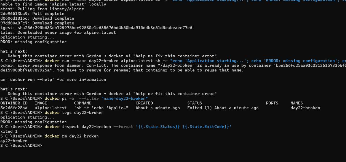 derkadd1o1's tweet photo. Day 22 of learning Docker 🐳

Practised troubleshooting failed containers using Docker logs, status checks, and exit codes.
Learned how to identify errors and investigate why a container stops. 🚀

#100DaysOfCode #Docker #DevOps #100daysofdocker
#100daysofDevOps https://t.co/WURxmK5hCV
