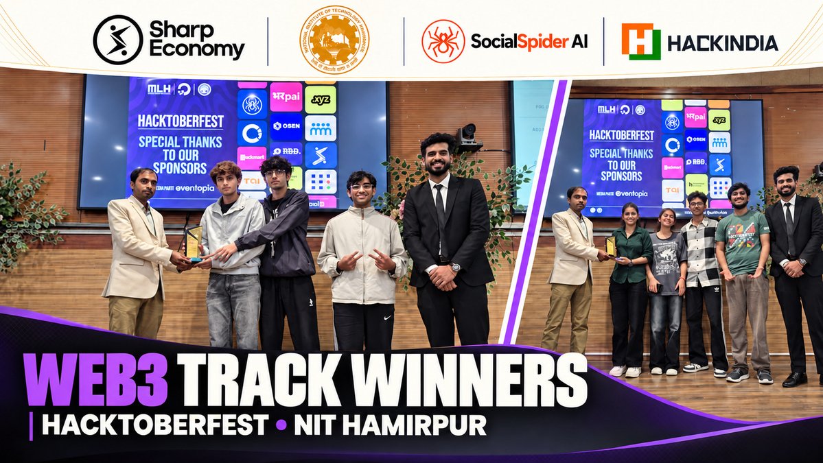 SharpEconomy's tweet photo. 🏆 HacktoberFest Web3 Track winners at NIT Hamirpur:

Team Forge - Paarth and Sangram

Team Creators -Harsh Bhushan Pathak, Parthivi Pradhan and Divyansh Jamwal

Supported by Sharp Economy, SocialSpider AI and HackIndia.

📍 Himachal Pradesh

#Web3 #HacktoberFest https://t.co/deHgLybROG