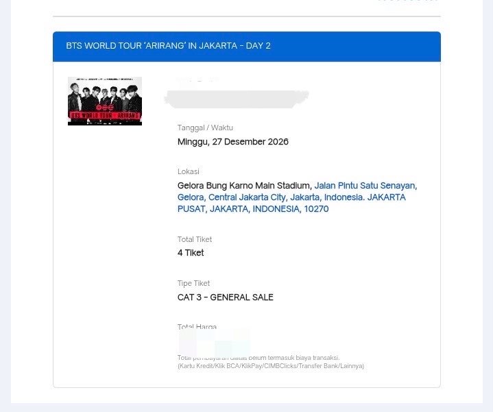 meeilii_'s tweet photo. WTS TIKET BTS JAKARTA DAY 2 CAT 3, aku jual sesuai harga jastip, anw aku jastip di temen yaa boleh tanya2 dulu🤗

#BTS_WORLDTOUR_ARİRANG #BTS_ARİRANG https://t.co/p5BWF23CDo