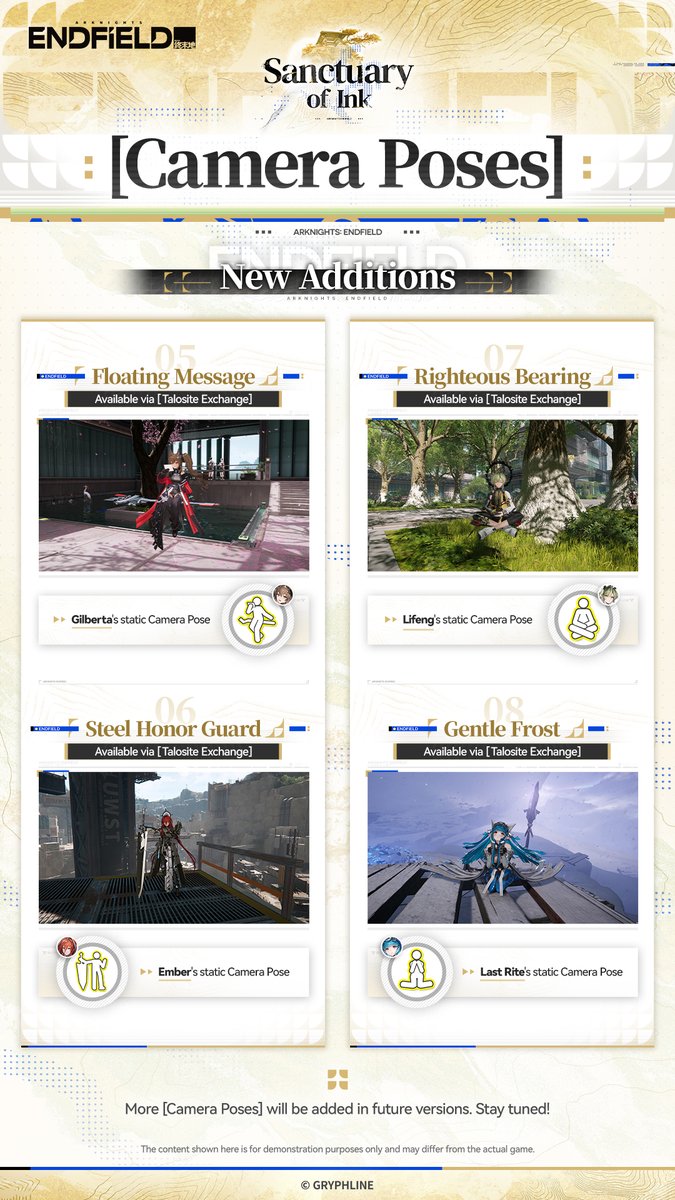 AKEndfield's tweet photo. New [Ornamentals] and [Camera Poses]

New [Ornamentals] and [Camera Poses] will soon be available in Arknights: Endfield's [Sanctuary of Ink] version. Take a look, Endmin!

#ArknightsEndfield #Endfield #SanctuaryOfInk https://t.co/xkYYtNSXkC