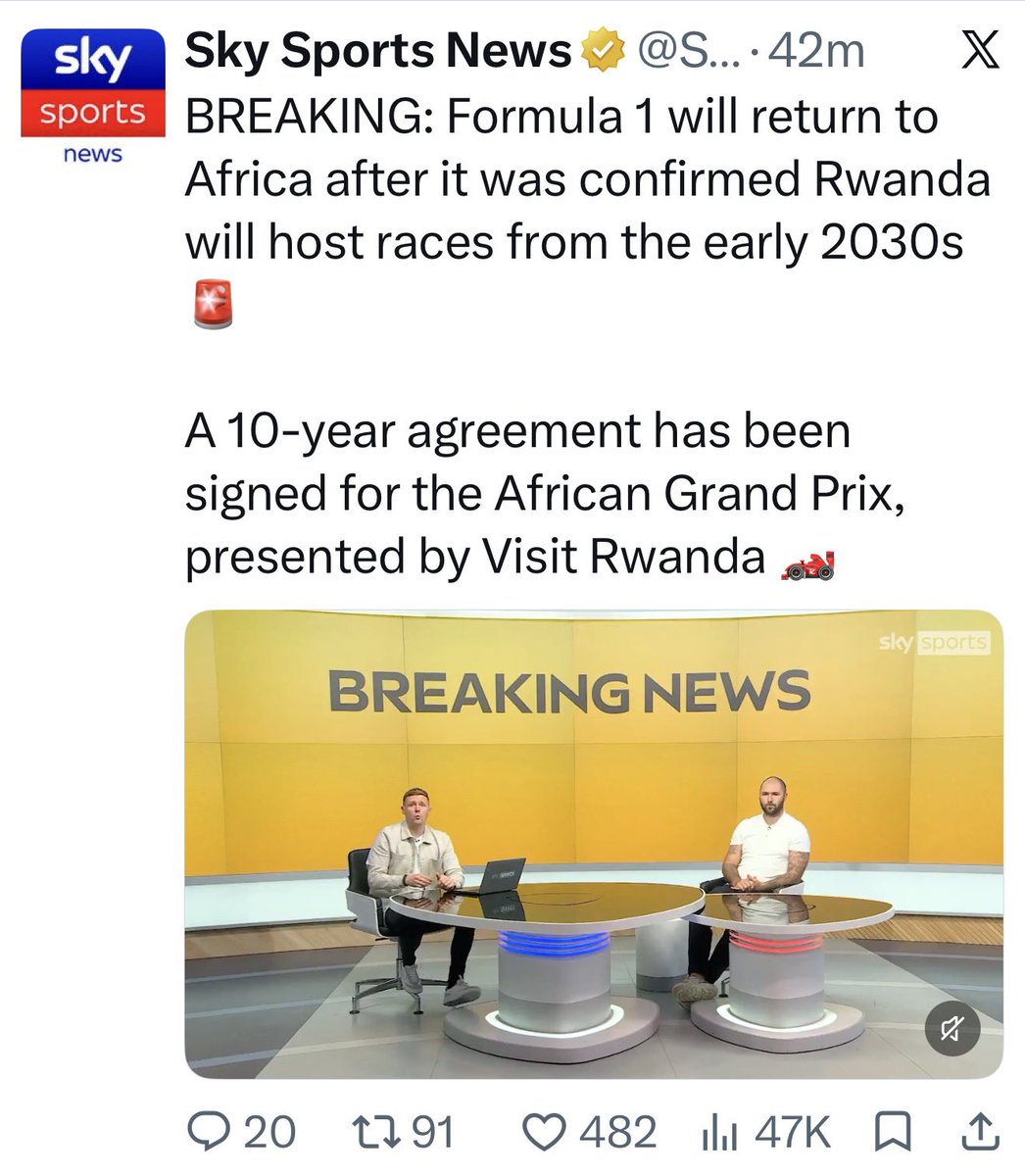 Ngaboz's tweet photo. BREAKING: Formula 1 will return to Africa after it was confirmed Rwanda will host races from the early 2030s 🚨

A 10-year agreement has been signed for the African Grand Prix, presented by Visit Rwanda 🏎️ https://t.co/3WoPNcOVx7