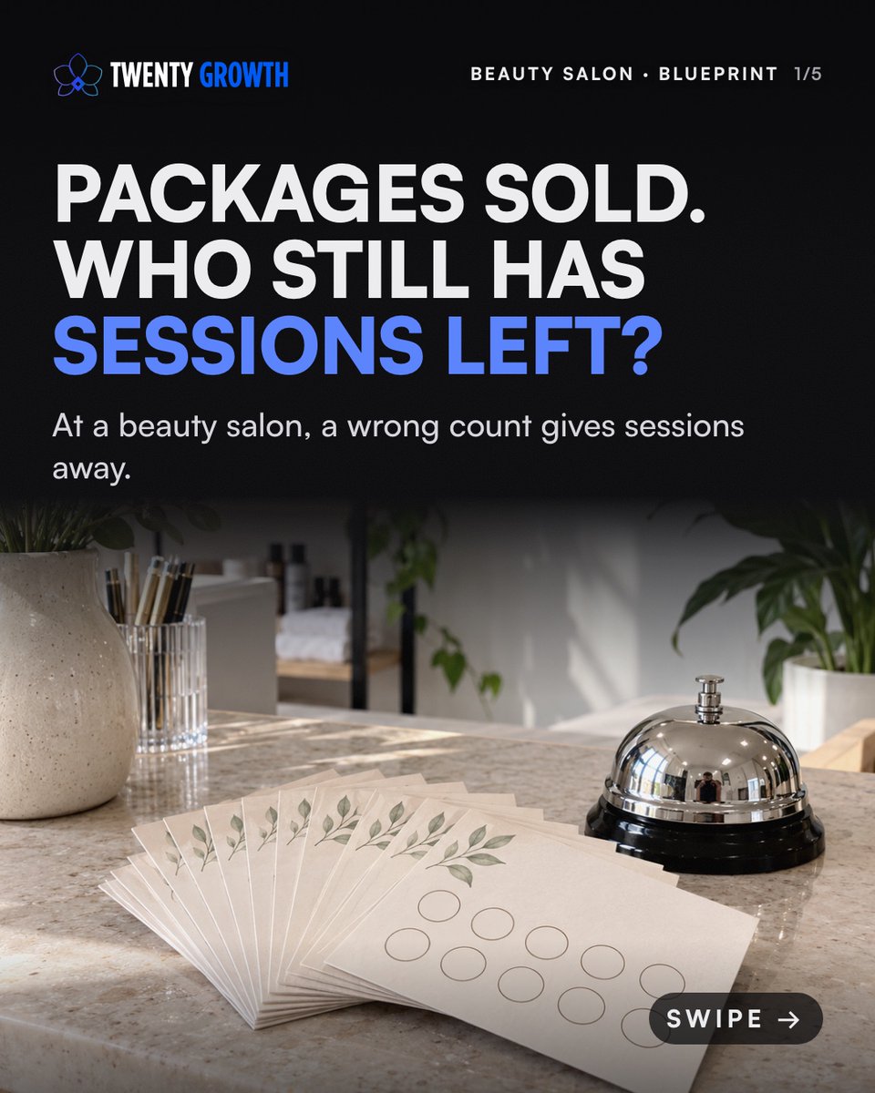 TwentyGrowth's tweet photo. Packages sold. Who still has sessions left?

Balances on cards and memory drift apart. A system logs each sale and visit once. You approve corrections.

Packages tracked on: cards, notebook or app?

We build systems like this for SMEs. https://t.co/Jn9cbUxGhv
#sme #smallbusiness https://t.co/O08ucrnaGE