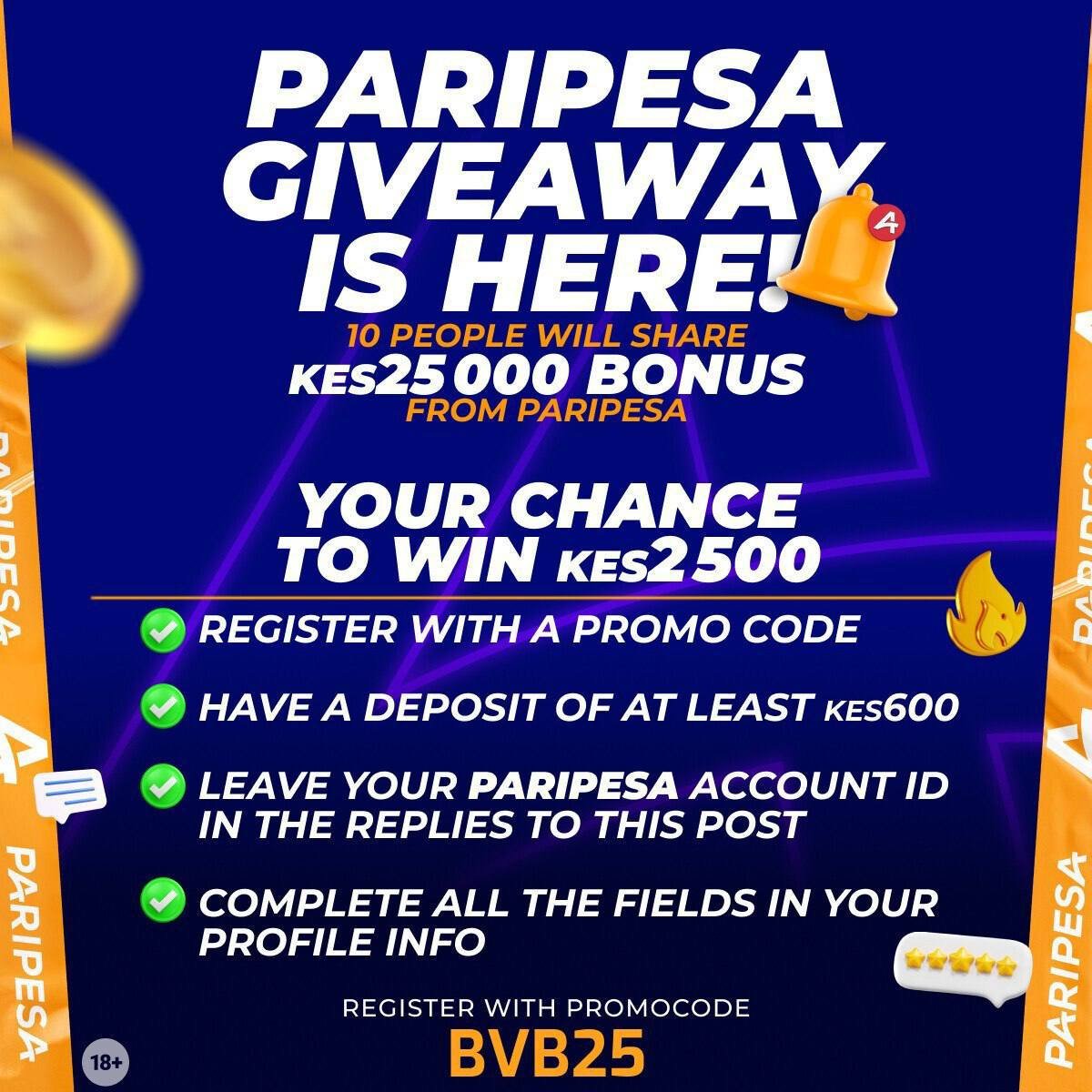 Nashbets's tweet photo. 🎁 𝐆𝐈𝐕𝐄𝐀𝐖𝐀𝐘 𝐀𝐋𝐄𝐑𝐓: 𝟐𝟓,𝟎𝟎𝟎 𝐊𝐄𝐒 𝐔𝐏 𝐅𝐎𝐑 𝐆𝐑𝐀𝐁𝐒! 🇰🇪💰🔥

​𝐖𝐞 𝐚𝐫𝐞 𝐛𝐥𝐞𝐬𝐬𝐢𝐧𝐠 𝟏𝟎 𝐥𝐮𝐜𝐤𝐲 𝐦𝐞𝐦𝐛𝐞𝐫𝐬 𝐨𝐟 𝐭𝐡𝐞 𝐜𝐨𝐦𝐦𝐮𝐧𝐢𝐭𝐲! 𝐄𝐚𝐜𝐡 𝐰𝐢𝐧𝐧𝐞𝐫 𝐠𝐞𝐭𝐬 𝐚 𝟐,𝟓𝟎𝟎 𝐊𝐄𝐒 𝐛𝐨𝐧𝐮𝐬 𝐝𝐢𝐫𝐞𝐜𝐭𝐥𝐲 𝐟𝐫𝐨𝐦 𝐏𝐚𝐫𝐢𝐏𝐞𝐬𝐚. 𝐃𝐨𝐧’𝐭 𝐬𝐥𝐞𝐞𝐩 𝐨𝐧 𝐭𝐡𝐢𝐬—𝐢𝐭 𝐭𝐚𝐤𝐞𝐬 𝐥𝐞𝐬𝐬 𝐭𝐡𝐚𝐧 𝟐 𝐦𝐢𝐧𝐮𝐭𝐞𝐬 𝐭𝐨 𝐞𝐧𝐭𝐞𝐫! 📢🚀

​📝 𝐇𝐎𝐖 𝐓𝐎 𝐖𝐈𝐍 (𝐒𝐓𝐑𝐈𝐂𝐓 𝐂𝐎𝐍𝐃𝐈𝐓𝐈𝐎𝐍𝐒):

​𝟏. ✅ 𝐑𝐞𝐠𝐢𝐬𝐭𝐞𝐫 𝐚 𝐍𝐞𝐰 𝐀𝐜𝐜𝐨𝐮𝐧𝐭 𝐮𝐬𝐢𝐧𝐠 𝐏𝐫𝐨𝐦𝐨 𝐂𝐨𝐝𝐞: BVB25

​🔗 𝐋𝐢𝐧𝐤: https://t.co/qL5W21mGob

​𝟐. ✅ 𝐌𝐚𝐤𝐞 𝐚 𝐃𝐞𝐩𝐨𝐬𝐢𝐭 𝐨𝐟 𝐚𝐭 𝐥𝐞𝐚𝐬𝐭 𝟔𝟎𝟎 𝐊𝐄𝐒.

​𝟑. ✅ 𝐂𝐨𝐦𝐩𝐥𝐞𝐭𝐞 𝐘𝐨𝐮𝐫 𝐏𝐫𝐨𝐟𝐢𝐥𝐞: 𝐄𝐧𝐬𝐮𝐫𝐞 𝐀𝐋𝐋 𝐅𝐈𝐄𝐋𝐃𝐒 in your "Profile Info" are filled (𝐏𝐡𝐨𝐧𝐞 & 𝐄𝐦𝐚𝐢𝐥 𝐥𝐢𝐧𝐤𝐞𝐝).

​𝟒. ✅ 𝐃𝐫𝐨𝐩 𝐘𝐨𝐮𝐫 𝐈𝐃: 𝐋𝐞𝐚𝐯𝐞 𝐲𝐨𝐮𝐫 𝐏𝐚𝐫𝐢𝐏𝐞𝐬𝐚 𝐀𝐜𝐜𝐨𝐮𝐧𝐭 𝐈𝐃 𝐢𝐧 𝐭𝐡𝐞 𝐫𝐞𝐩𝐥𝐢𝐞𝐬/𝐜𝐨𝐦𝐦𝐞𝐧𝐭𝐬 𝐛𝐞𝐥𝐨𝐰! 👇

​⏳ 𝐃𝐔𝐑𝐀𝐓𝐈𝐎𝐍 & 𝐒𝐄𝐋𝐄𝐂𝐓𝐈𝐎𝐍:
​🗓️ 𝐓𝐢𝐦𝐞𝐟𝐫𝐚𝐦𝐞: 𝐓𝐡𝐢𝐬 𝐠𝐢𝐯𝐞𝐚𝐰𝐚𝐲 𝐫𝐮𝐧𝐬 𝐟𝐨𝐫 𝟕 𝐃𝐚𝐲𝐬.
​🏆 𝐖𝐢𝐧𝐧𝐞𝐫𝐬: 𝟏𝟎 𝐩𝐞𝐨𝐩𝐥𝐞 𝐰𝐢𝐥𝐥 𝐛𝐞 𝐜𝐡𝐨𝐬𝐞𝐧 𝐫𝐚𝐧𝐝𝐨𝐦𝐥𝐲 𝐨𝐧 𝐃𝐚𝐲 𝟖.

​📩 𝐂𝐡𝐞𝐜𝐤 𝐘𝐨𝐮𝐫 𝐃𝐌𝐬: 𝐌𝐚𝐤𝐞 𝐬𝐮𝐫𝐞 𝐲𝐨𝐮𝐫 𝐓𝐰𝐢𝐭𝐭𝐞𝐫 𝐃𝐌𝐬 𝐚𝐫𝐞 𝐎𝐏𝐄𝐍