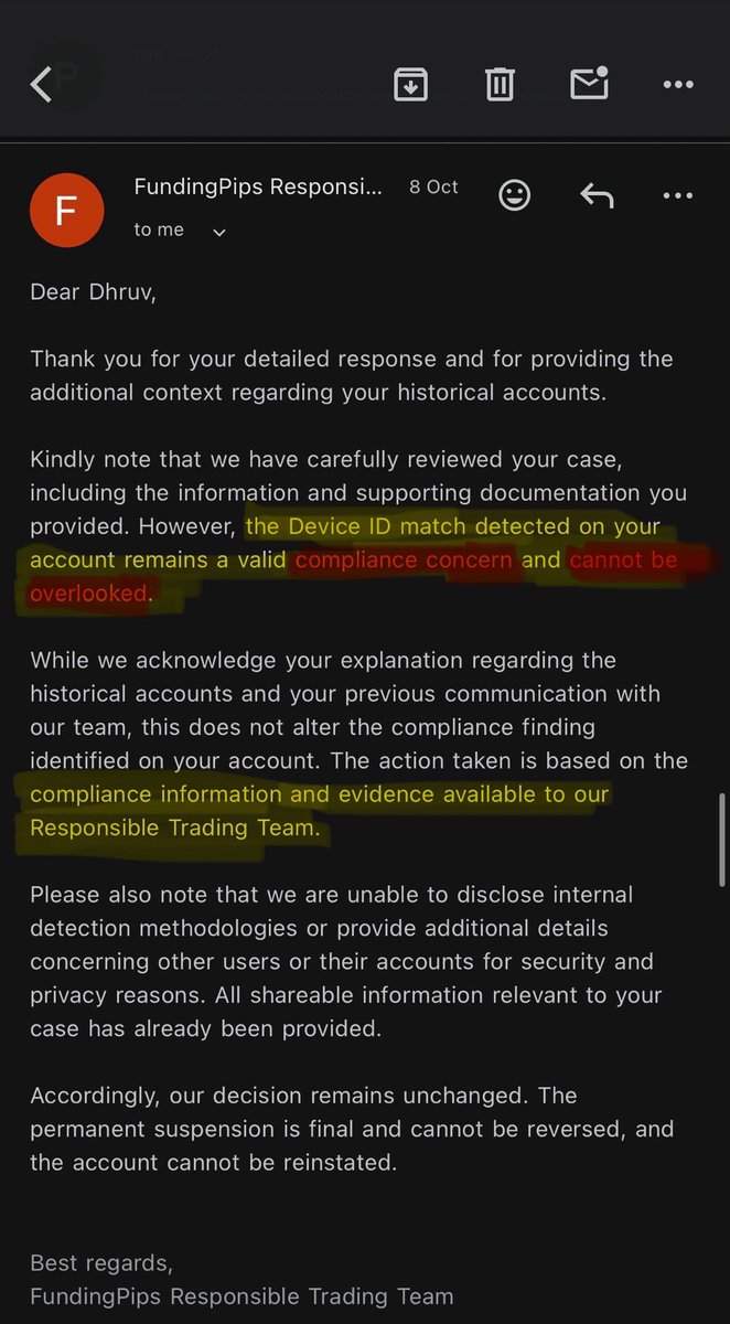Dhruvtradrfx's tweet photo. IF HONESTY AND TRANSPARENCY DON’T COUNT, WHAT CHANCE DOES A SMALL TRADER REALLY HAVE?‼️🚨🚨

I’ve spent years working towards a breakthrough in trading. When concerns arose over my historical accounts, I disclosed them, answered questions, and followed the instructions I received.
@avikkfp @Khldfx @fundingpips 
Yet my Master Account was terminated before payout, and I still want a clear explanation of the specific compliance concern and a genuine review of the evidence I’ve offered.

This isn’t just about my money. It’s about accountability.

When a major prop firm makes a decision that can cost a small trader months of hard work, where can that trader turn if their concerns remain unresolved?

@FundingPips @Khldfx @avikkfp  - I’m asking you to address my case publicly, explain the specific concern as far as you can, and reconsider my reinstatement and withheld payout.

Transparency should work both ways.