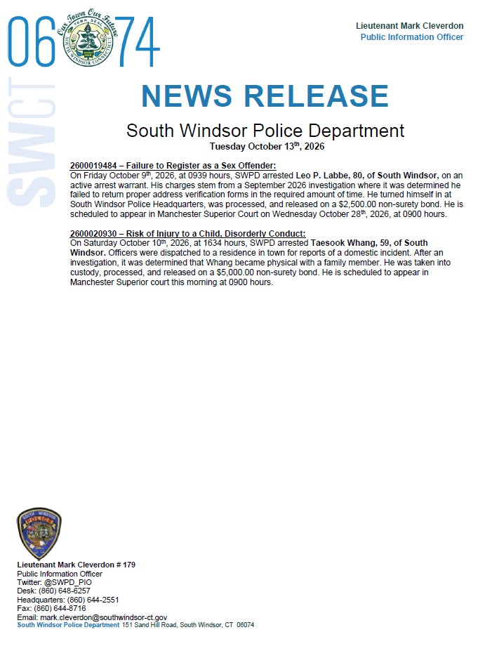 SWPD_PIO's tweet photo. Good morning #SW06074.

Attached is the news release for Tuesday, October 13th, 2026. https://t.co/6EXRpjIQog