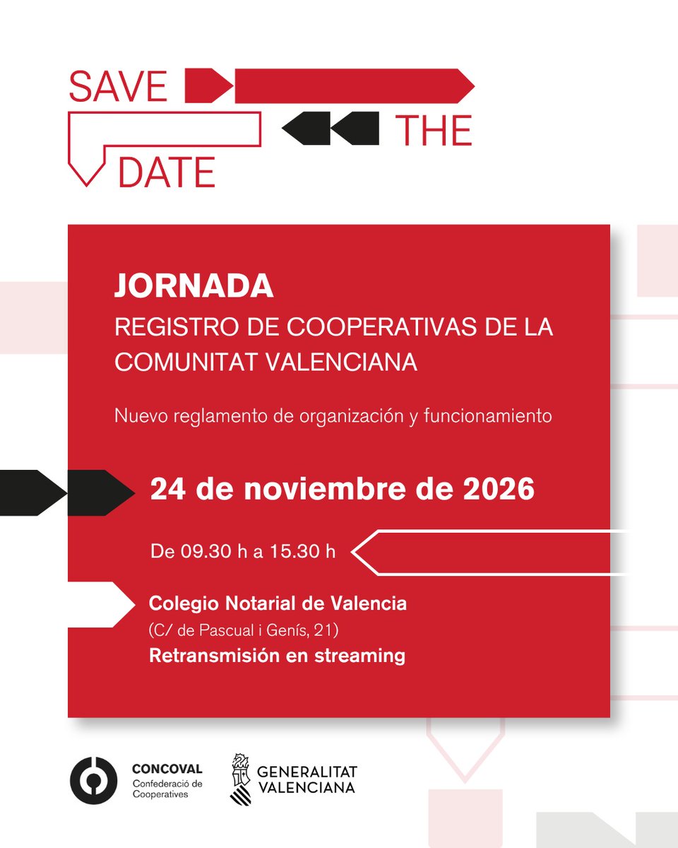 concoval's tweet photo. 📅 Reserva la fecha: 24 de noviembre

CONCOVAL organiza una jornada dedicada al Registro de Cooperativas de la Comunitat Valenciana, centrada en conocer las principales novedades del nuevo reglamento de organización y funcionamiento.

Además, durante el encuentro se presentará GuiaCoop, una nueva herramienta de apoyo y consulta para facilitar la gestión y los trámites de las cooperativas.

Una cita para profundizar en los cambios normativos, resolver dudas y conocer recursos útiles para el día a día del sector cooperativo valenciano.

🕤 De 09.30 h a 15.30 h
📍 Colegio Notarial de Valencia (@ColNotVal)
💻 También podrá seguirse en streaming

Próximamente compartiremos más información sobre el programa y las inscripciones.

#Cooperativismo #Cooperativas #EconomíaSocial #ComunitatValenciana #CONCOVAL