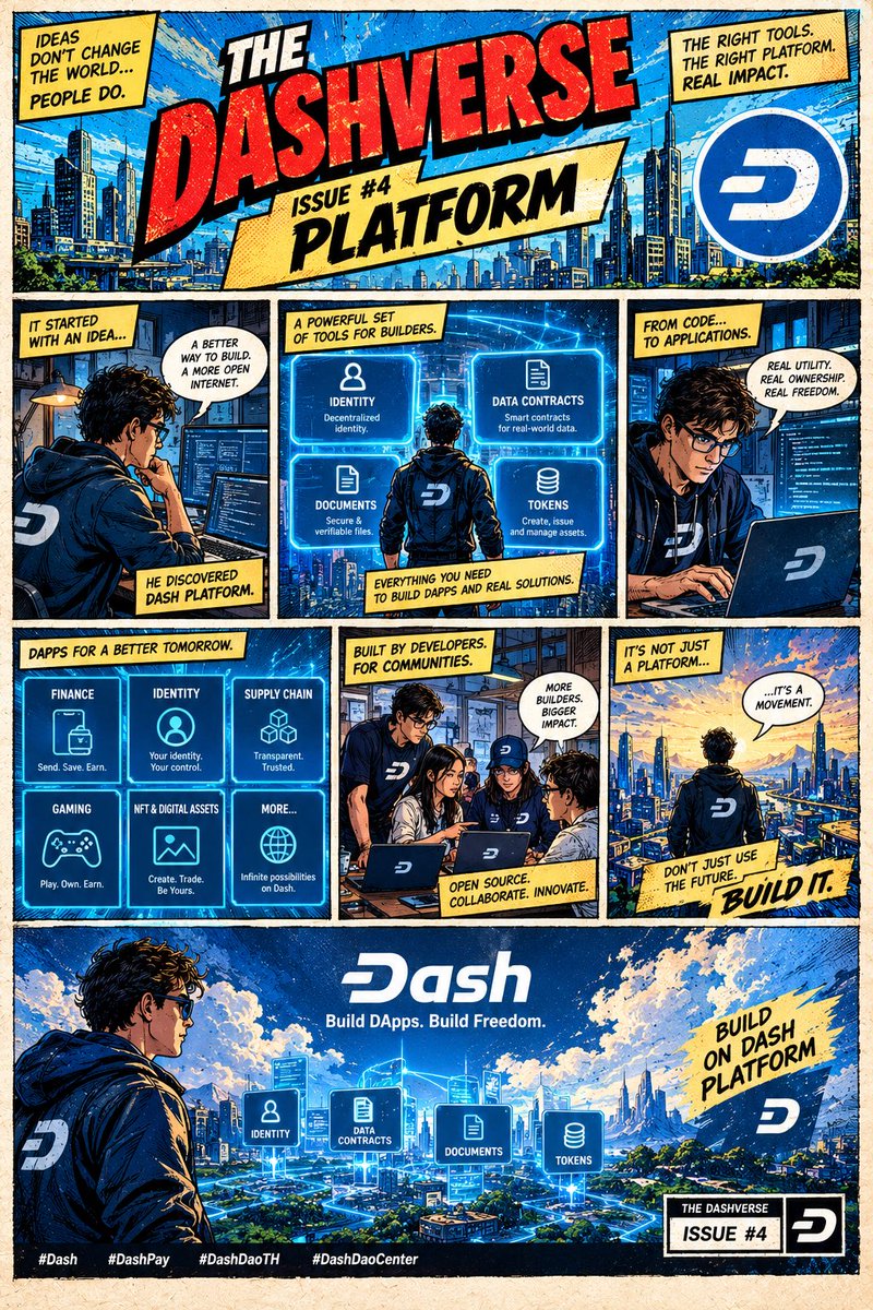 DashDao_TH's tweet photo. THE DASHVERSE
ISSUE #4: PLATFORM
Every great dApp starts with an idea.
Dash Platform gives developers tools to build with Identity, Data Contracts, Documents, and Tokens.
Donโt just use the future. Build it on Dash.
#Dash #DashPay #DashDaoTH #DashDaoCenter #DashVerse https://t.co/AyYYceuxrs