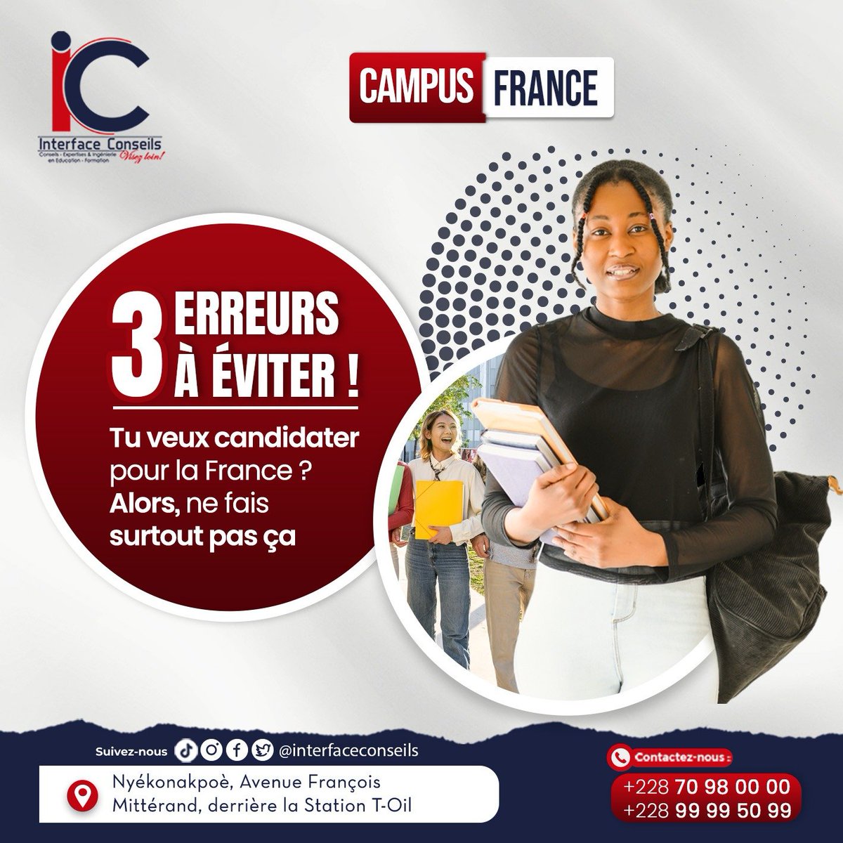 InterfaceConse2's tweet photo. Pour éviter ces erreurs, faites-vous accompagner par Interface Conseils et avancez sereinement dans votre projet d’études en France. 🇫🇷🎓😊

📞99 99 50 99/91 98 03 73 

#viralvideo #semaine #pourtoi #jeveuxpasserdanstespourtoi #accompagnement https://t.co/84N9SpTPnj