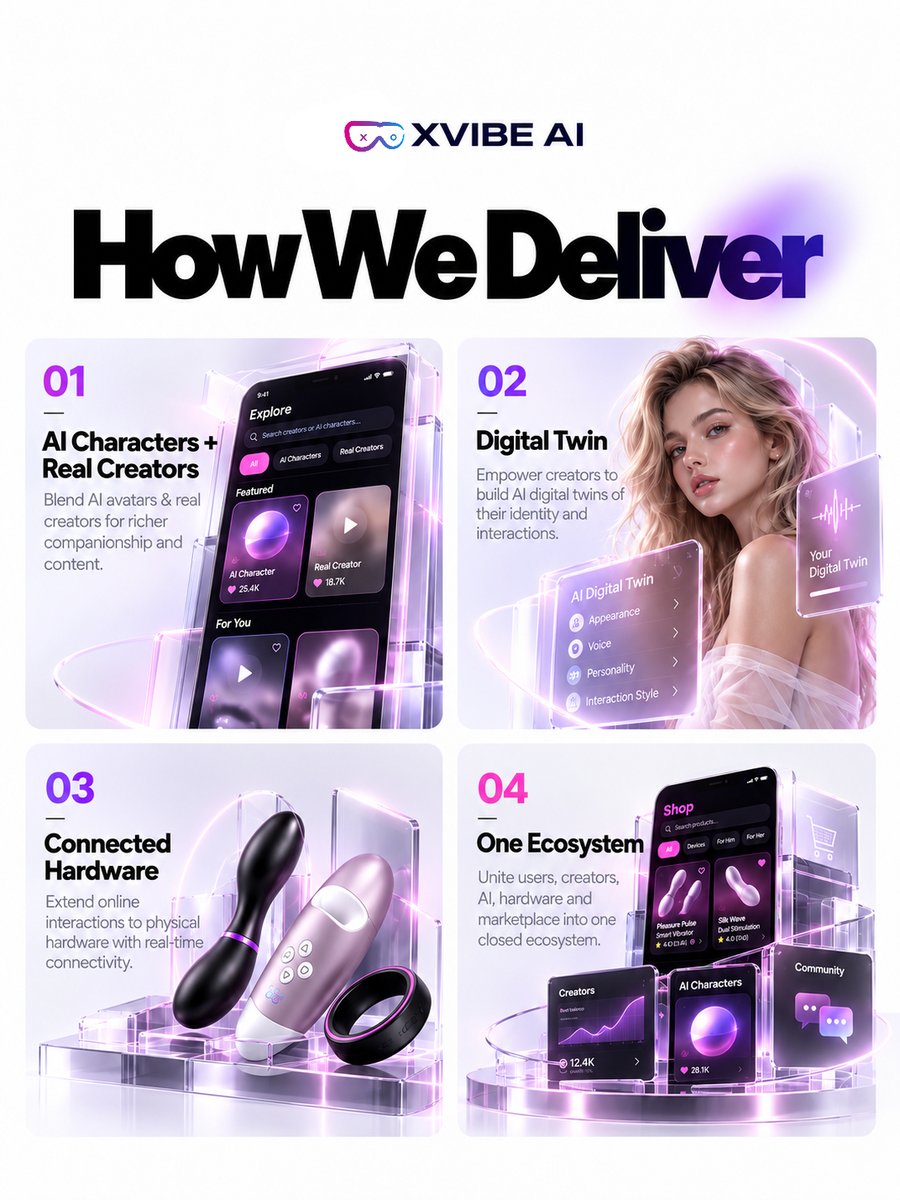 XVIBEAI's tweet photo. Meet XVIBE AI 💜
Our connected ecosystem combines AI companions, creator digital twins, smart hardware sync and in-app marketplace.

One platform to connect, create and earn.

Creators & hardware brands, let’s build together! 🚀
📩 Creators: creator@xvibe.ai  
📩 Brands: marketing@xvibe.a
🌐 https://t.co/0dW26130RV
#XVIBEAI #ConsumerAI #AICompanion #CreatorEconomy #DigitalTwin #SexTech #PhysicalAI