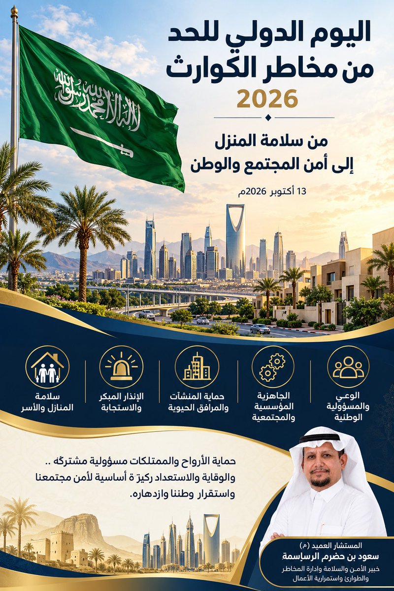 Saudhe8Saud's tweet photo. اليوم الدولي للحد من مخاطر الكوارث 2026.. من سلامة المنزل إلى أمن المجتمع والوطن

13 أكتوبر 2026م

يأتي اليوم الدولي للحد من مخاطر الكوارث ليؤكد أهمية حماية الأرواح والممتلكات، وتعزيز ثقافة الوقاية والاستعداد، ورفع مستوى الجاهزية لمواجهة المخاطر والطوارئ والأزمات بمختلف أنواعها ومصادرها.

وتكتسب هذه المناسبة أهمية في ظل ما يشهده العالم من تحديات ومخاطر طبيعية وبشرية وتقنية وأمنية، مما يؤكد ضرورة بناء مجتمعات واعية ومؤسسات قادرة على الوقاية والاستجابة والتعافي.

وتُعد المملكة العربية السعودية نموذجًا في تعزيز منظومة الأمن والسلامة وإدارة المخاطر، من خلال ما توليه قيادتها من اهتمام بحماية الإنسان والمقدرات الوطنية، وتطوير القدرات الوقائية والأمنية، ورفع مستوى الجاهزية والتنسيق بين الجهات المعنية.

وقد برزت كفاءة المملكة واحترافية أجهزتها العسكرية والأمنية في التعامل مع التهديدات الخارجية والتحديات المختلفة، من خلال الجاهزية والاستجابة والتكامل بين الجهات المختصة، بما يعكس أهمية التخطيط المسبق وإدارة المخاطر وحماية الأرواح والممتلكات والمحافظة على استقرار الوطن واستمرارية خدماته الحيوية.

ومن أبرز مرتكزات الوقاية والجاهزية:

سلامة المنازل والأسر: تعزيز الوعي بالمخاطر، ومعرفة إجراءات السلامة والتصرف السليم أثناء الطوارئ.
الإنذار المبكر والاستجابة: متابعة التحذيرات الرسمية، والالتزام بالتعليمات الوقائية، وعدم تداول الشائعات.
حماية المنشآت والمرافق الحيوية: تقييم المخاطر، وتحديث خطط الطوارئ والإخلاء، وتعزيز استمرارية الخدمات الأساسية.
الجاهزية المؤسسية والمجتمعية: تكامل جهود الجهات المعنية، وتنفيذ التمارين والفرضيات، ورفع كفاءة الاستجابة والتعافي.
الوعي والمسؤولية الوطنية: تعزيز التكاتف المجتمعي والالتفاف حول القيادة، ودعم جهود المحافظة على أمن الوطن وسلامة سكانه.

وفي هذه المناسبة، نثمّن جهود جنودنا البواسل في القوات المسلحة، ورجال الأمن، ومنسوبي الدفاع المدني، والقطاعات الصحية والإسعافية، وسائر الجهات المعنية، وما يقدمونه من عمل وتضحيات في حماية الوطن وصون مقدراته وسلامة المواطنين والمقيمين.

ختامًا:

إن سلامة المنزل ركيزة لسلامة المجتمع، وأمن المجتمع جزء لا يتجزأ من أمن الوطن. فالوقاية تبدأ بالتخطيط والوعي والاستعداد قبل وقوع المخاطر، وتستمر بالاستجابة الفاعلة والتعافي واستخلاص الدروس.

فالأوطان القوية لا تكتفي بمواجهة المخاطر، بل تستثمر في الوقاية والجاهزية وتعزيز قدرتها على الصمود في مختلف الظروف.

نسأل الله أن يحفظ المملكة العربية السعودية وقيادتها وشعبها، وأن يديم عليها نعمة الأمن والأمان والاستقرار، وينصر جنودها ويحمي وطننا ومقدراته من كل سوء.

#اليوم_الدولي_للحد_من_مخاطر_الكوارث
#إدارة_المخاطر
#الأمن_والسلامة
#المملكة_العربية_السعودية
