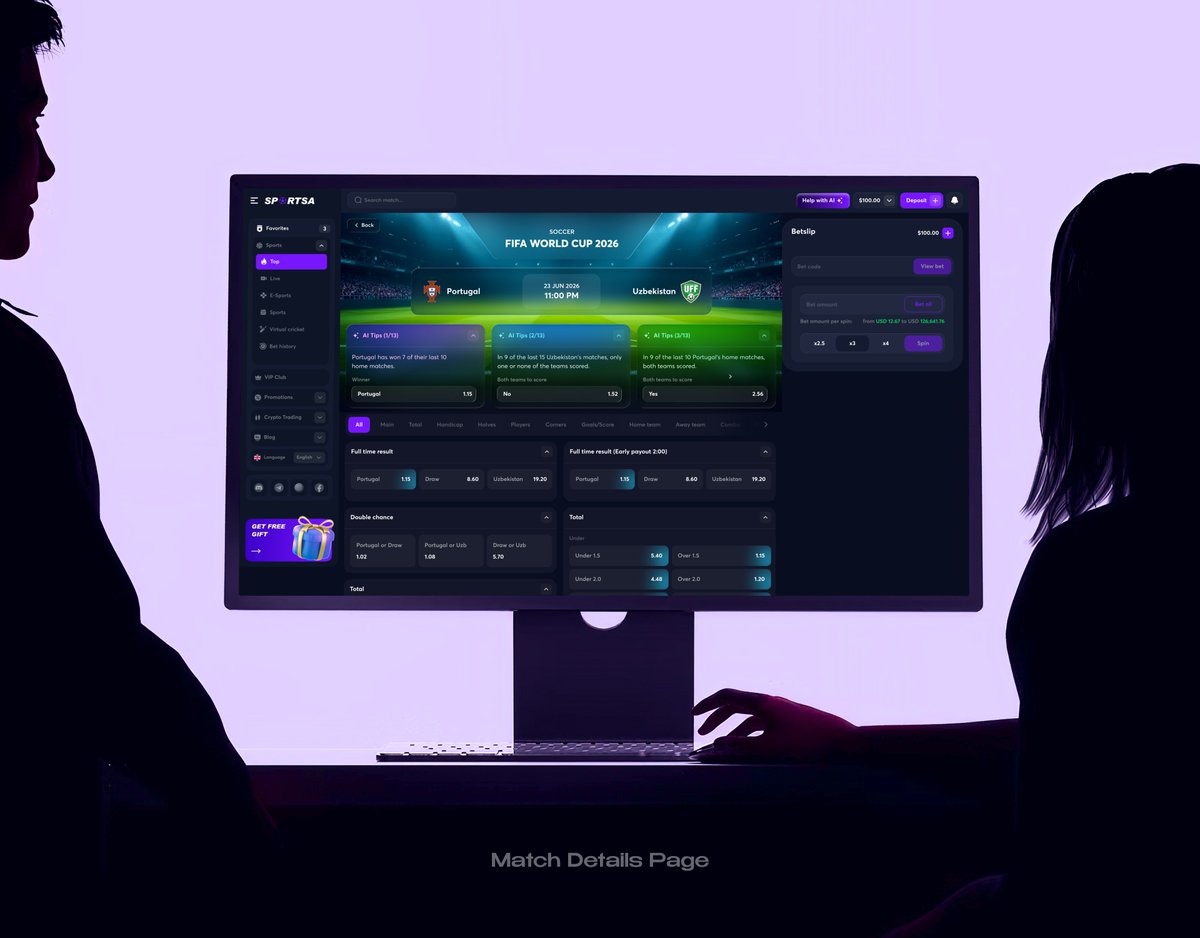 dorisc1q2's tweet photo. New UI concept ⚽️💜

Designed a sportsbook Match Details Page focused on clean layouts, intuitive betting markets, AI-powered insights, and a polished dark-mode experience.

Less clutter. Better hierarchy. Smoother interactions.

#ProductDesign #UIDesign #SportsbookUI https://t.co/t37udE8gkH