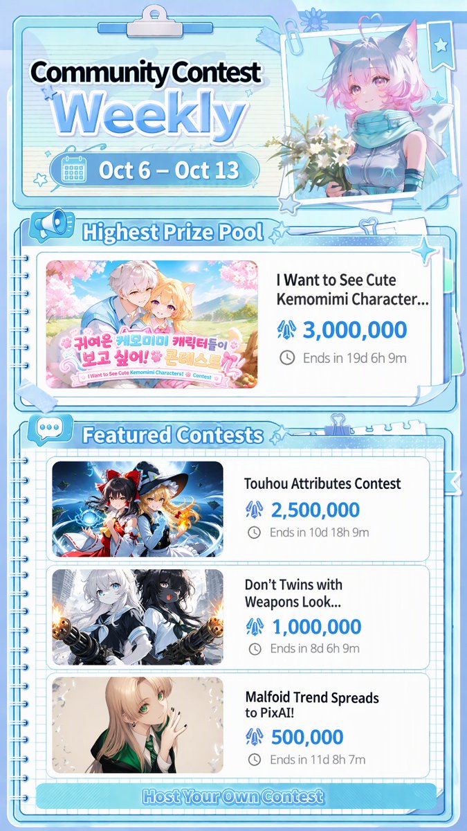 PixAI_EN's tweet photo. 📢 PixAI Weekly Update (Oct 6 – Oct 13)

Dear PixAI Community:
This week's updates are summarized in the poster below 👇: 
• PixAI tags have been improved. You can now request new tags!
👉 Check the detailed rules:https://t.co/RCeulOkDxI
• "ID Fail Generator" is now live!
What would your failed ID photo look like? Try it now!
👉 https://t.co/NP5mpjRnE0
• Recipe sharing experience is updated. Sharing a link now automatically generates a beautiful animated preview image.
• Improved our recommendation algorithm to help you discover artworks you'll love.
• Fixed occasional generation issues with some models and generation modes for a smoother creative experience.
🎨 Community Contest Weekly
Find your next challenge and start creating!

Thank you for your continued support of PixAI❤️
The PixAI Team