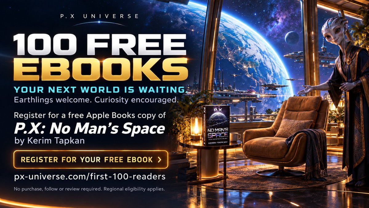 pxuniverse's tweet photo. 100 FREE EBOOKS. Your next world is waiting.

Earthlings welcome. Curiosity encouraged.

Register for a free Apple Books copy of P.X: No Man’s Space.

No purchase, follow or review required. Regional eligibility applies.

https://t.co/W9rmEVspfK

#SciFi #PXUniverse https://t.co/WvQoTXa8nn