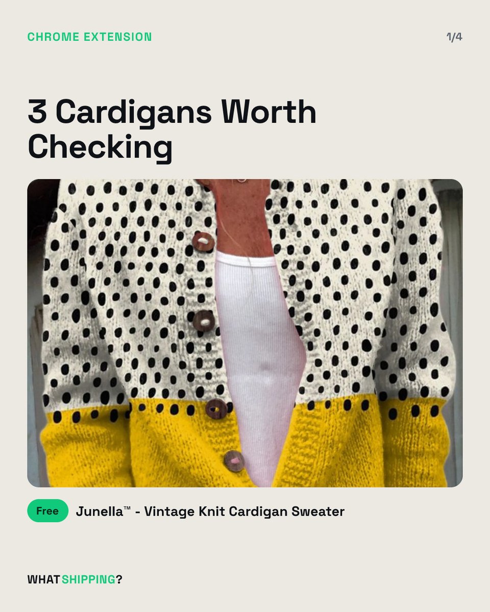 WHATShipping's tweet photo. Junella leads 3 dropshipping cardigans worth checking.

The store extension puts 3 women's clothing products in one Shopify check: Junella, Shelby, and Eleanor. Tick a whole selection and import it in one go, free. Would you list Junella before Shelby? https://t.co/iFdRUDkoDp