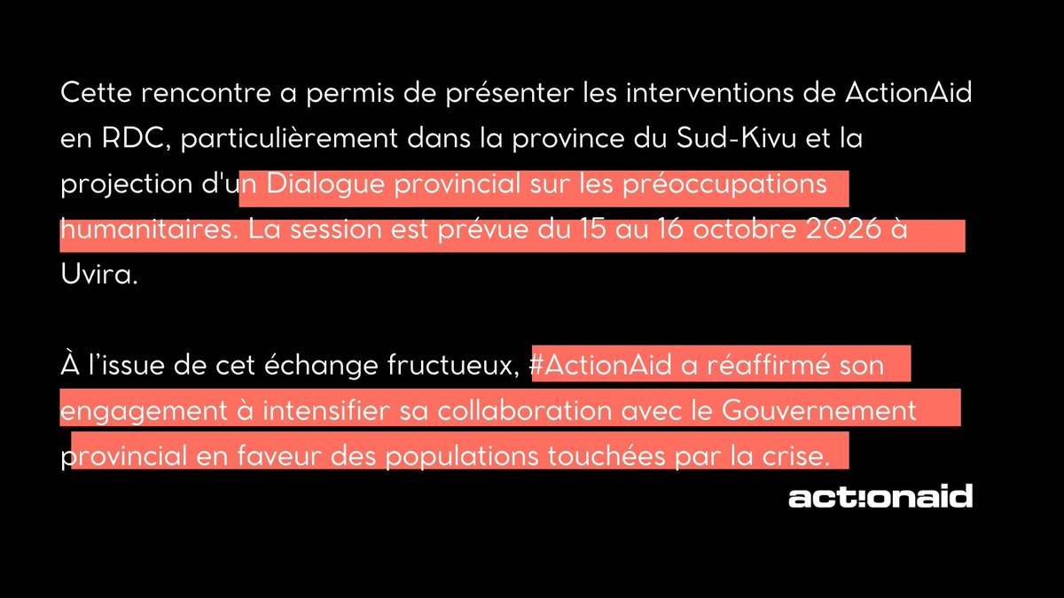 ActionAidDRC's tweet photo. Le 8/10, le Gouverneur du #SudKivu, S.E. Jean-Jacques Purusi Sadiki, a reçu #ActionAidRDC. Cap sur le #DialogueProvincial humanitaire, les 15-16 oct. à #Uvira, pour que chaque voix compte
L’essentiel en images👇
#ActionAidRDC #ActionHumanitaire https://t.co/mOoJUEGw8C