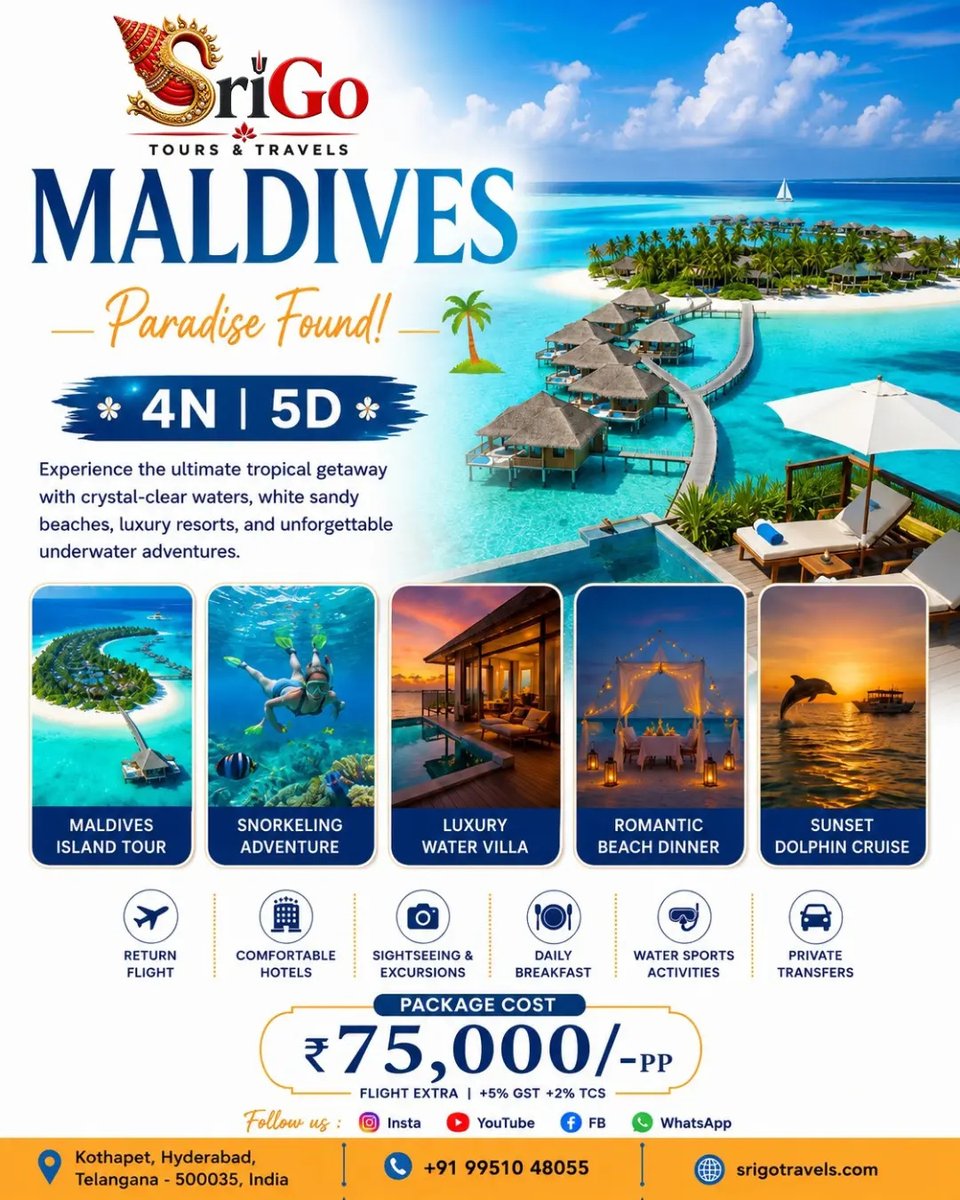 MeninoDoSecsu's tweet photo. Escape to paradise with SriGo Travels. Discover Maldives with pristine beaches, crystal-clear waters, luxury resorts, snorkeling, and sunset views. Honeymoon, family, and customized holiday packages available. Call +91 99510 48055 https://t.co/SzHrXrvwrZ