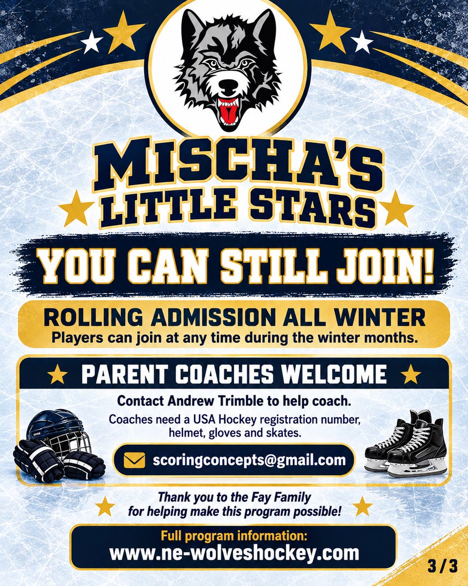 newenglandwolv1's tweet photo. Today is the day!  Start of Mischa’s Little Stars at 430pm.  Please arrive at least 30 minutes early to get your player dressed, receive a jersey and be on the ice on time.  #newolves https://t.co/IhaFRWVhOs