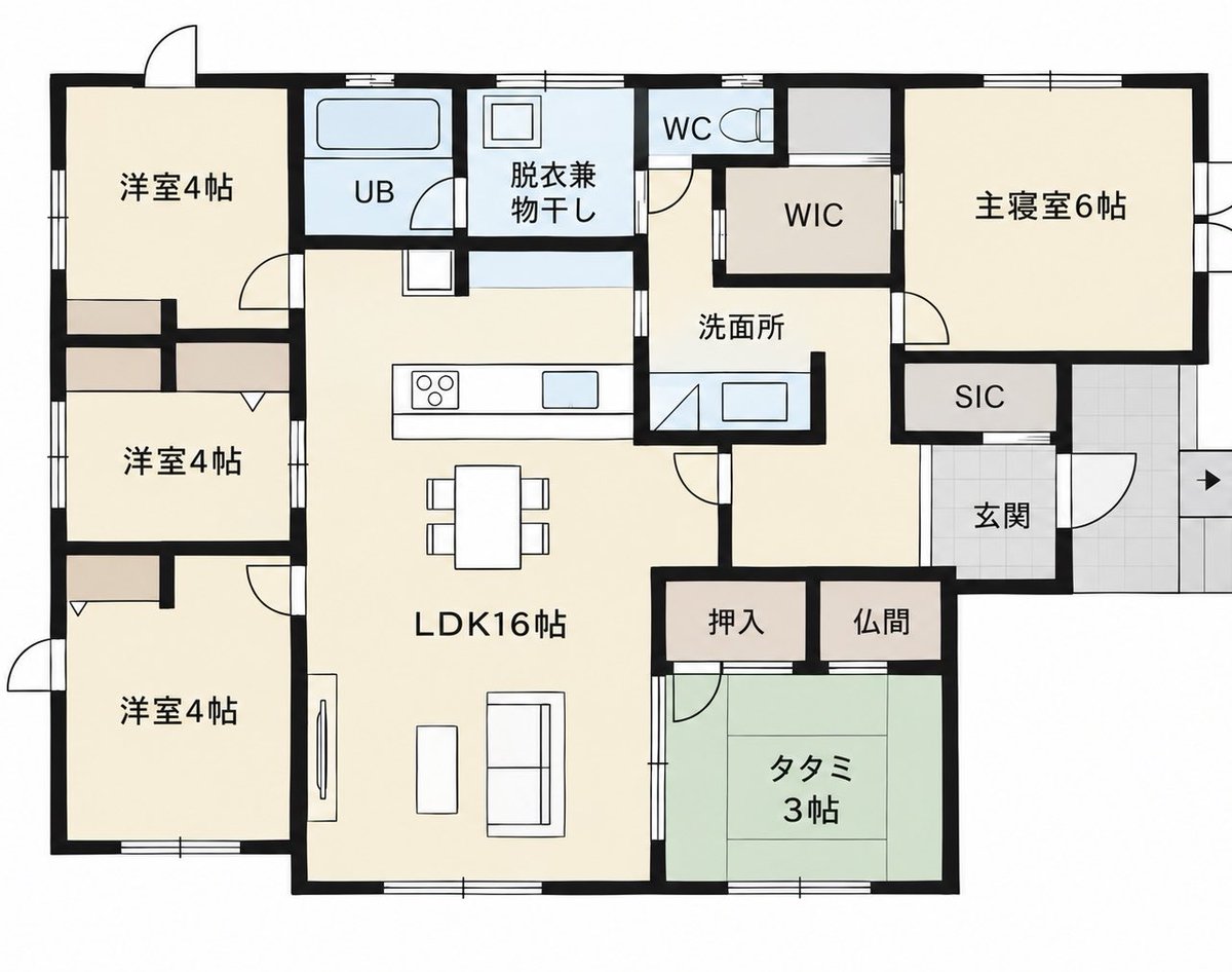 tadano_hr's tweet photo. 簡単な間取り図でツッコミどころは満載なのですが、それぞれの配置等見ていただき、改善箇所等ありましたら、ご教授下さい🙇‍♀️
LDKと洋室が直結しているので、音問題が気になっており廊下を挟めたらなと思っています…
#平屋　#間取り https://t.co/iPED9aTWt6