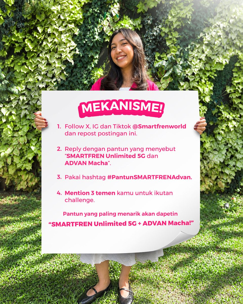 smartfrenworld's tweet photo. 🎁 GIVEAWAY!

Hai warga X yang kreatif! Kalo suka bikin pantun, mending ikutan ini deh! 

Ada 1 pemenang yang beruntung untuk bawa pulang 1 SMARTFREN Unlimited 5G + ADVAN Macha!

Periode sampai 19 Oktober 2026, ya!

#SMARTFREN #advanindonesia #JagoanSinyalSeIndonesia https://t.co/WQgn4wInpr