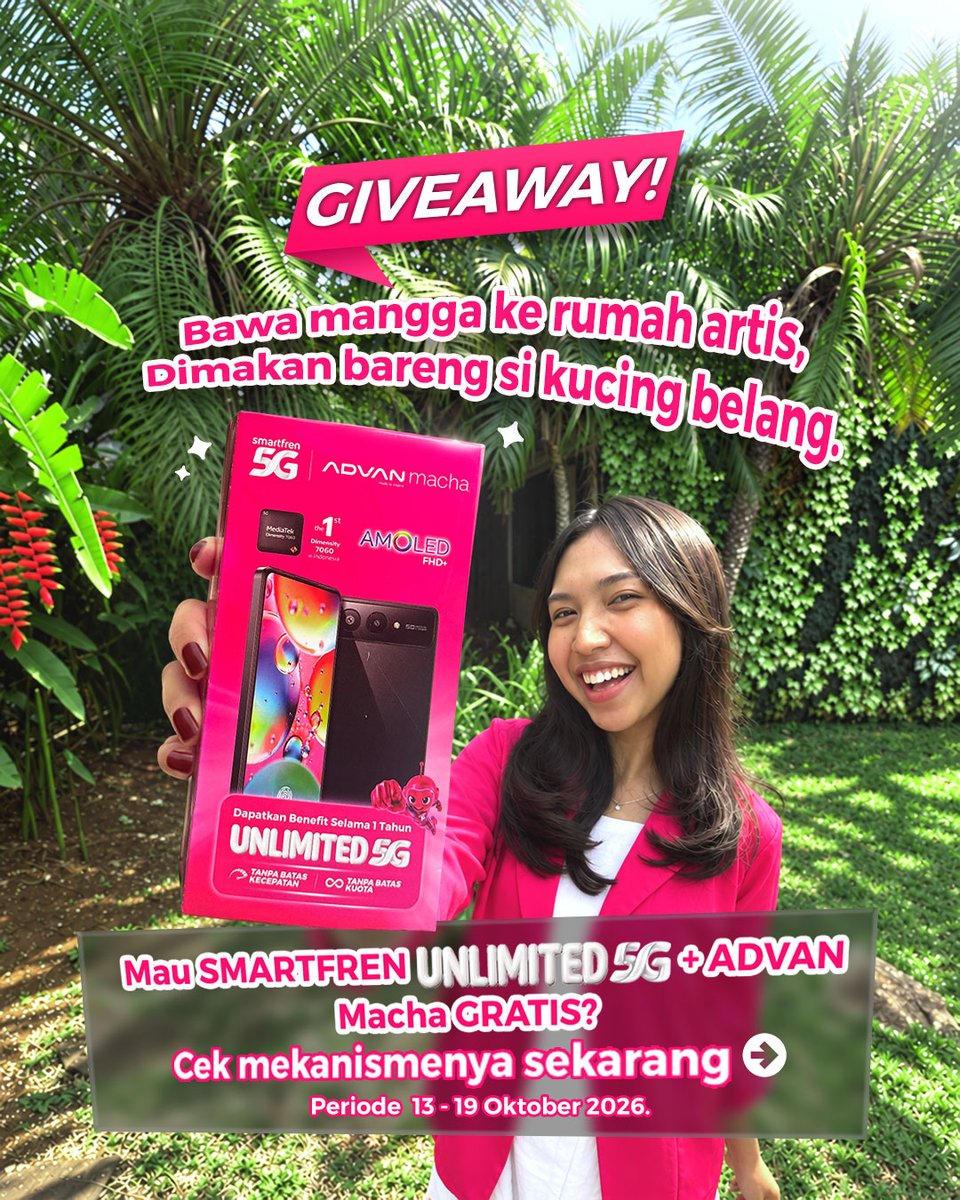 smartfrenworld's tweet photo. 🎁 GIVEAWAY!

Hai warga X yang kreatif! Kalo suka bikin pantun, mending ikutan ini deh! 

Ada 1 pemenang yang beruntung untuk bawa pulang 1 SMARTFREN Unlimited 5G + ADVAN Macha!

Periode sampai 19 Oktober 2026, ya!

#SMARTFREN #advanindonesia #JagoanSinyalSeIndonesia https://t.co/WQgn4wInpr