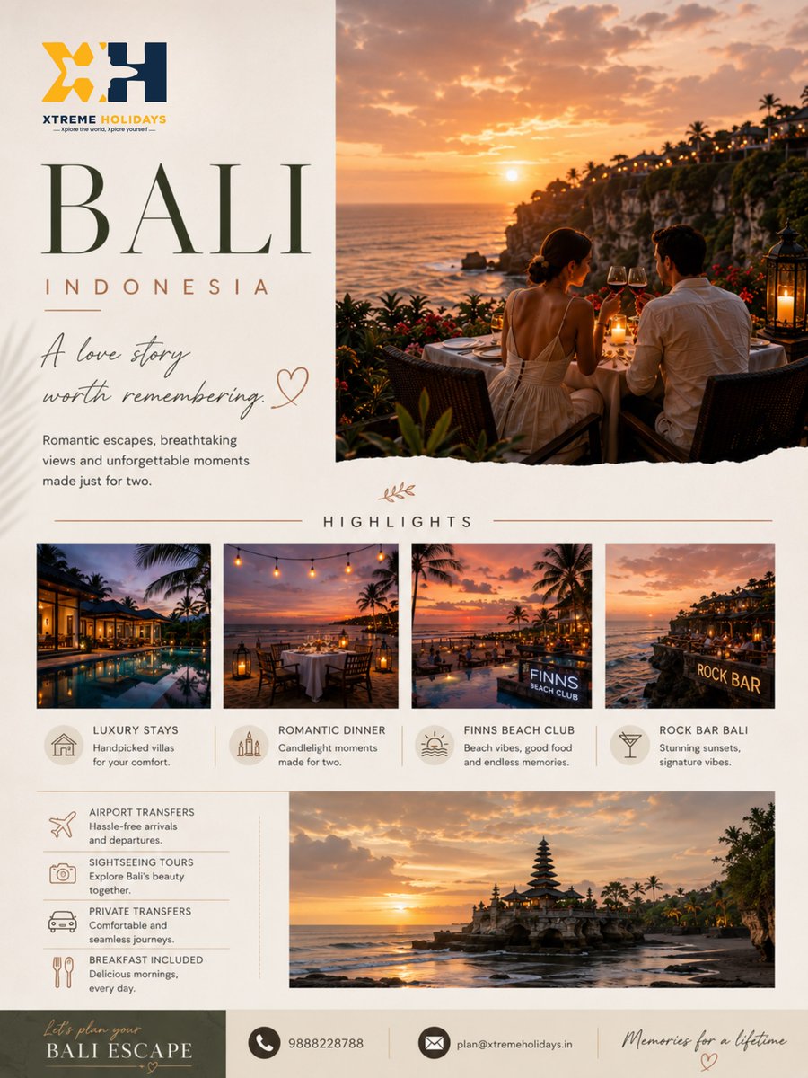 lavidaendios's tweet photo. Fall in love with Bali, one unforgettable moment at a time. From Uluwatu sunsets to private villas, candlelight dinners, and iconic temples, Xtreme Holidays creates your perfect Bali escape. DM us to start your love story. https://t.co/d1uPEcBM5M