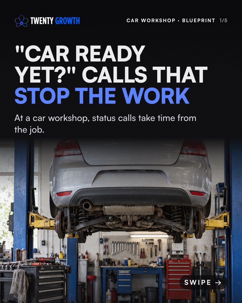 TwentyGrowth's tweet photo. "Is my car ready?" Status calls take time from the job. Job cards with set stages send the update when the job moves. New costs wait for you.

Customers check by: call, WhatsApp or walk-in?

We build systems like this for SMEs. https://t.co/Jn9cbUxGhv
#sme #smallbusiness https://t.co/zqjoiZR5K3