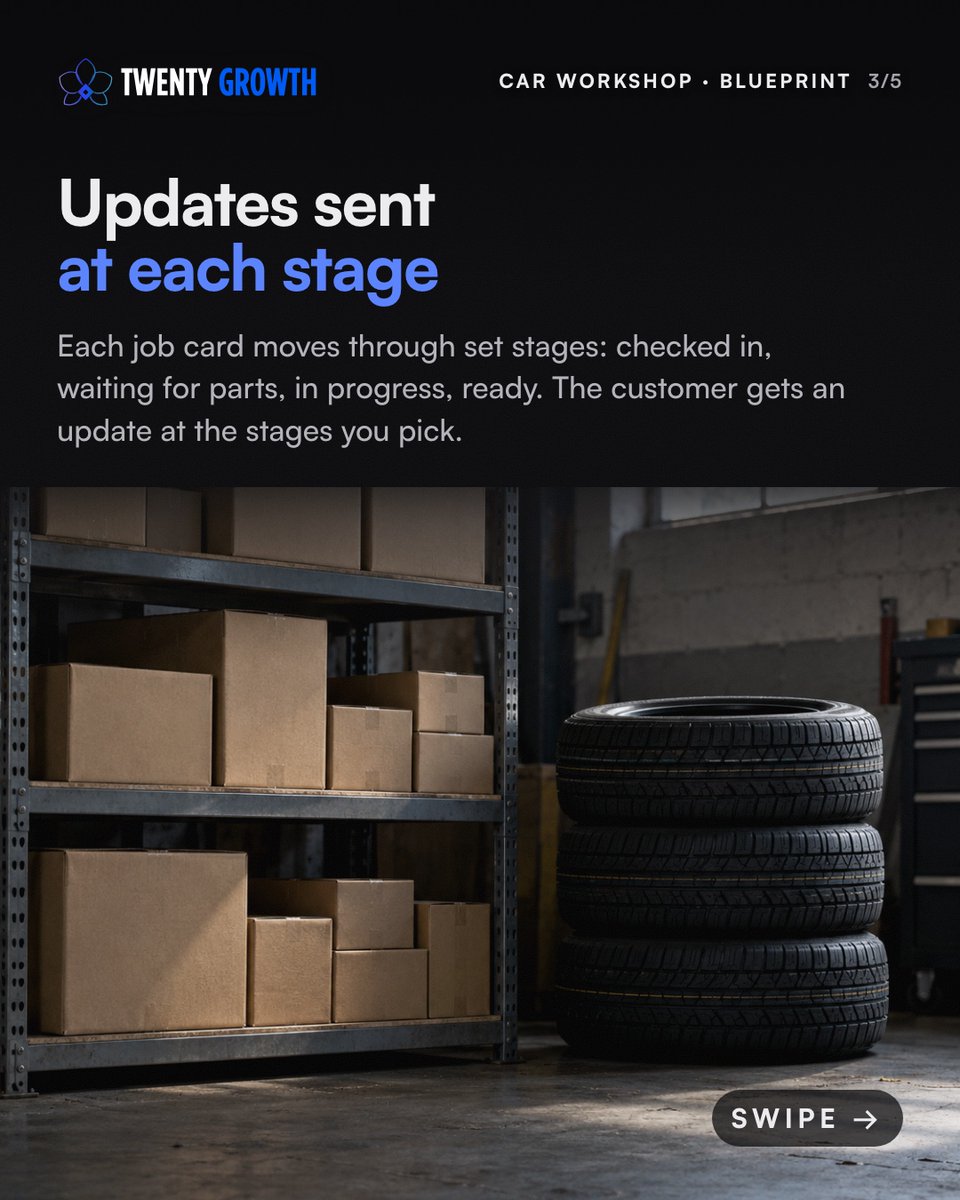 TwentyGrowth's tweet photo. "Is my car ready?" Status calls take time from the job. Job cards with set stages send the update when the job moves. New costs wait for you.

Customers check by: call, WhatsApp or walk-in?

We build systems like this for SMEs. https://t.co/Jn9cbUxGhv
#sme #smallbusiness https://t.co/zqjoiZR5K3
